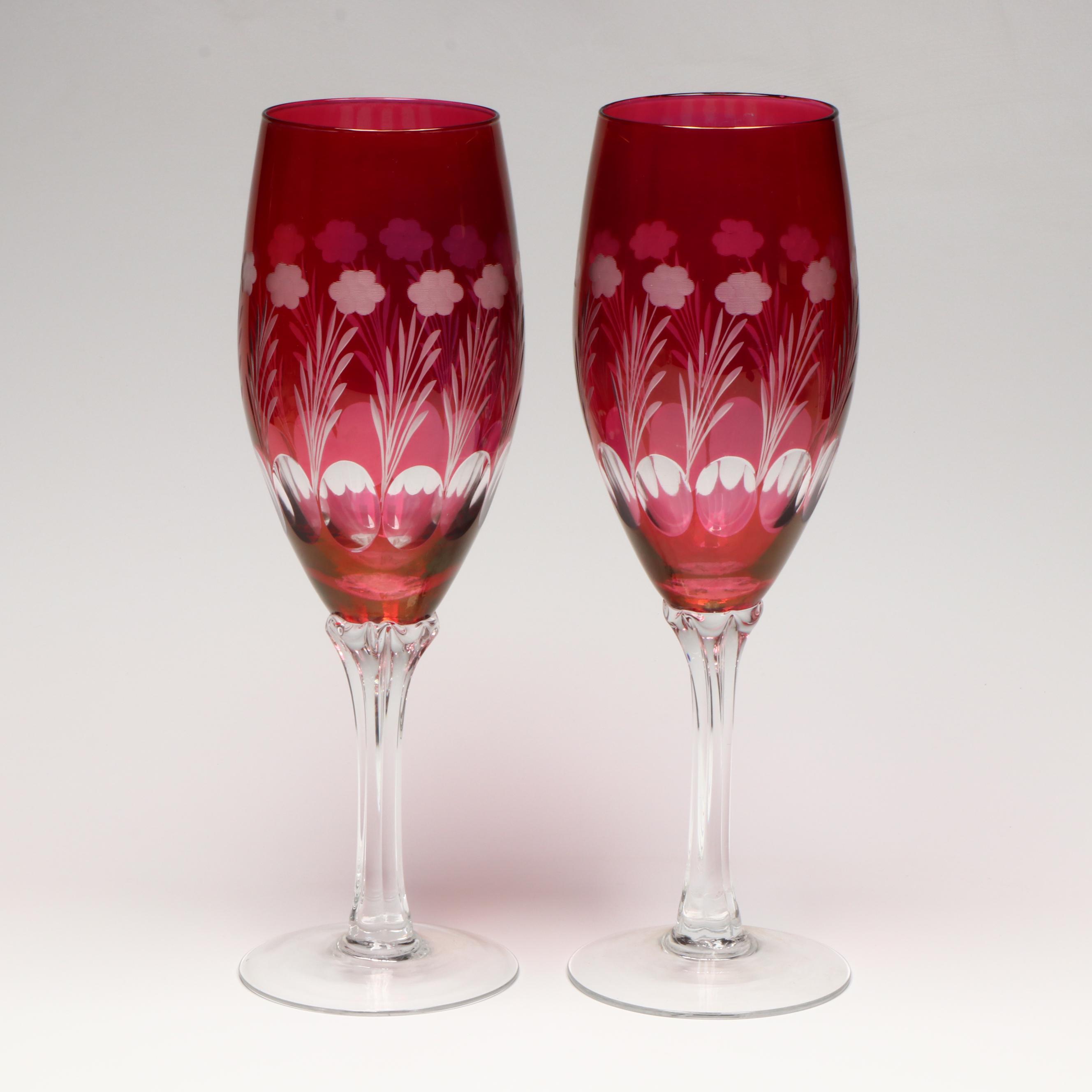 Etched Cranberry Glass Stemware, Hobnail Wine Coasters, and More Glass Décor