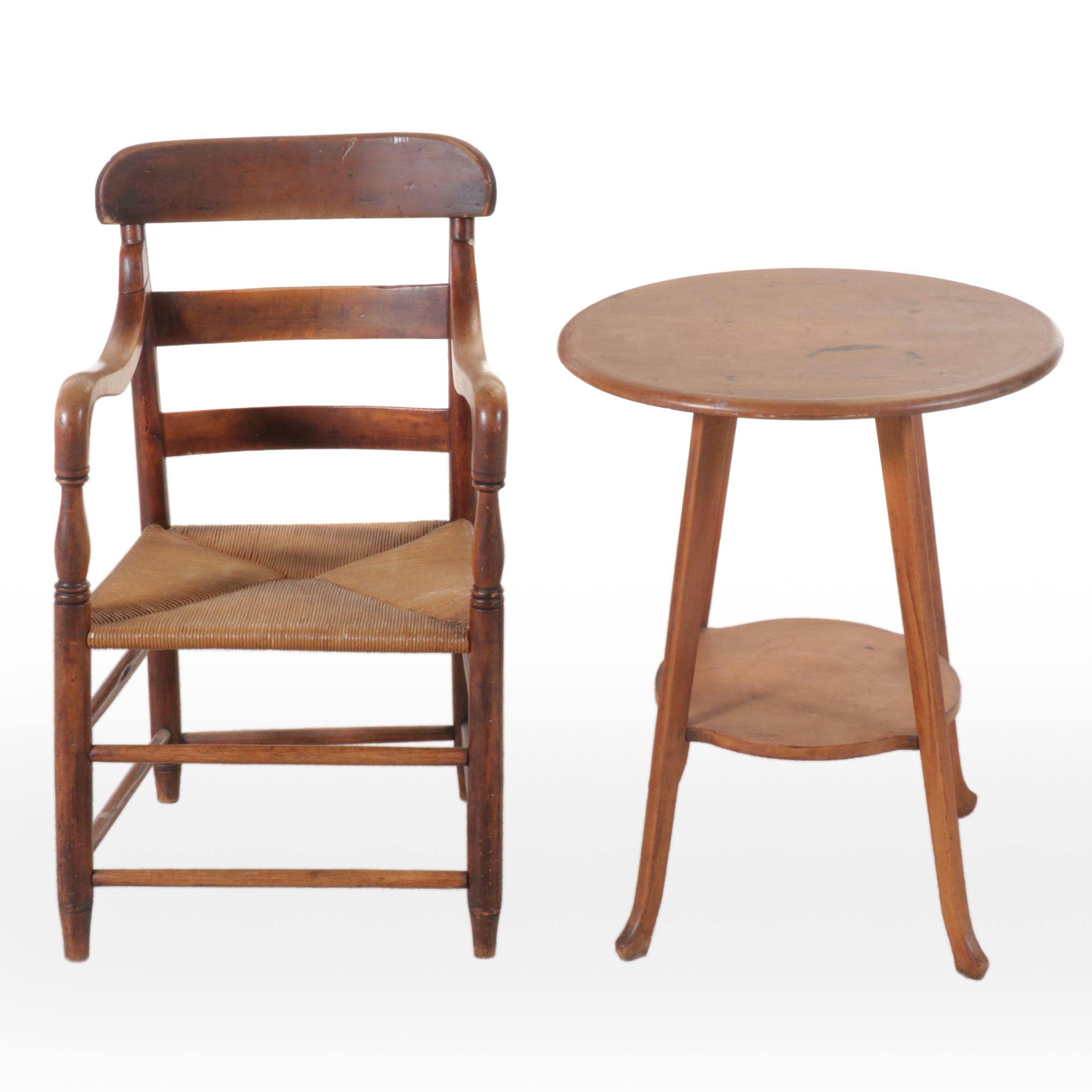 Empire Style Elbow Chair with Rush Seat and Two-Tier Table