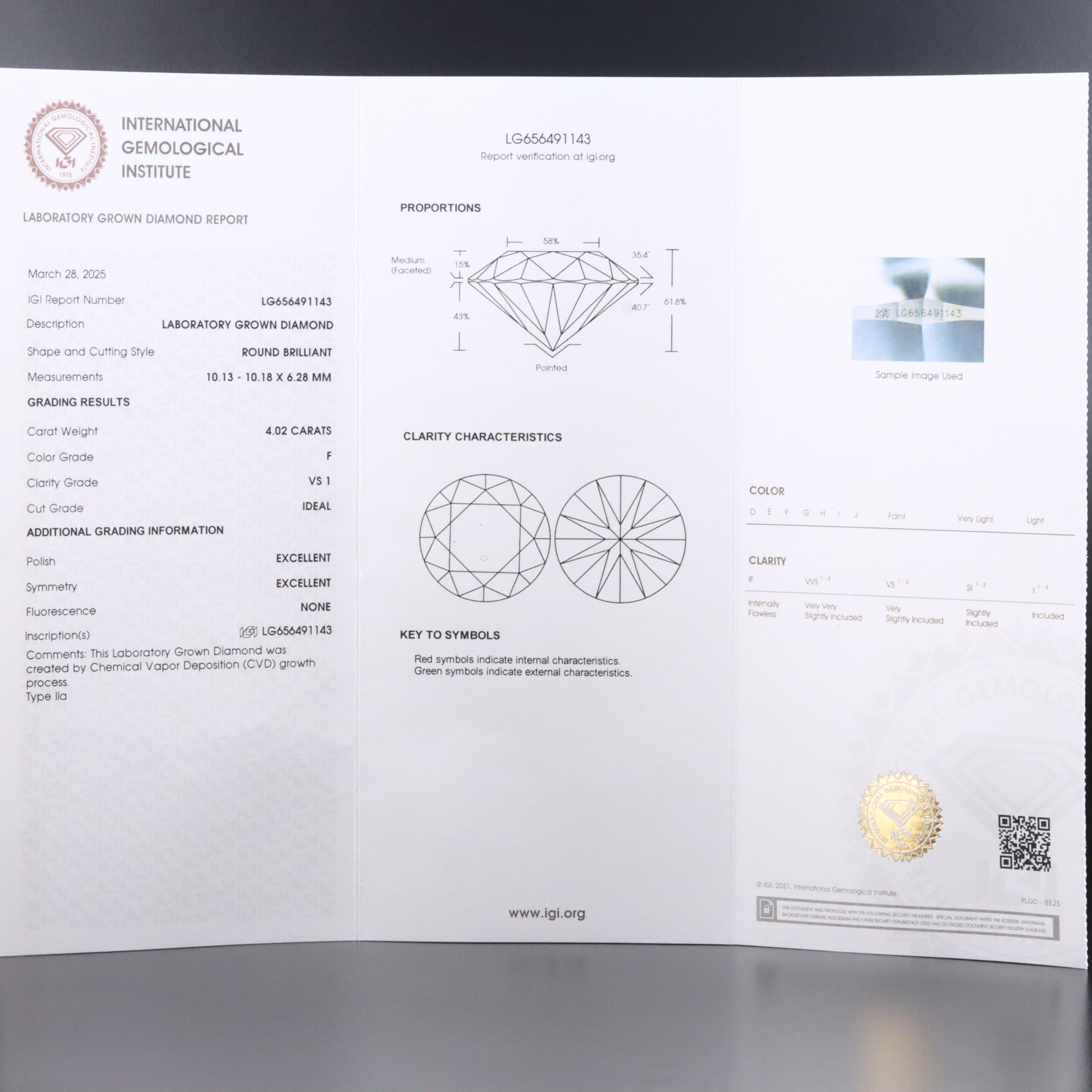 14K 4.02 CT Lab Grown Diamond Solitaire Ring with IGI Report