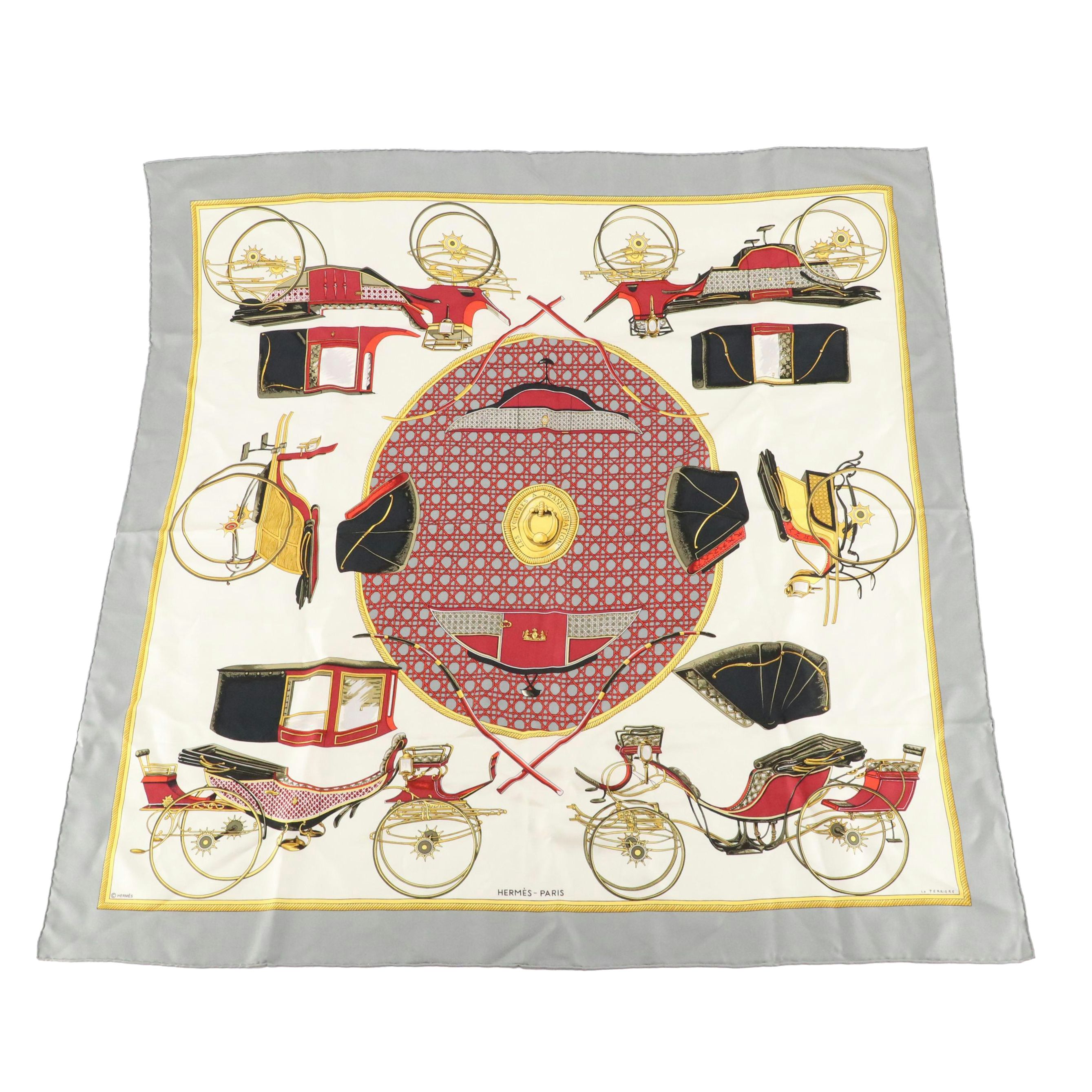 Hermès "Les Voitures à Transformation" Scarf 90 in Silk Twill