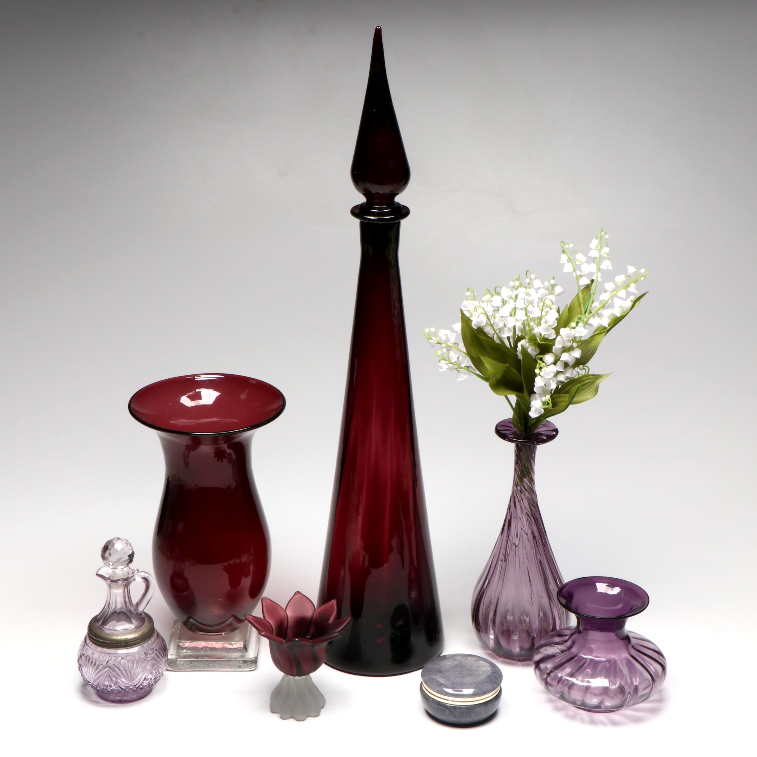 EAPG Sunned Purple Syrup Pitcher, Empoli Decanter, with Other Vases and Decor
