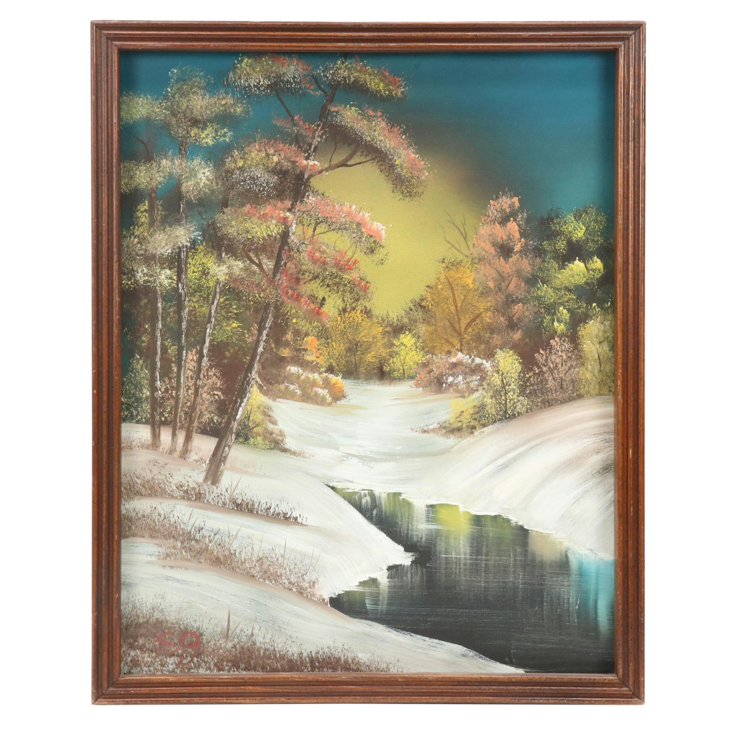 Winter Landscape Oil Painting, Late 20th Century