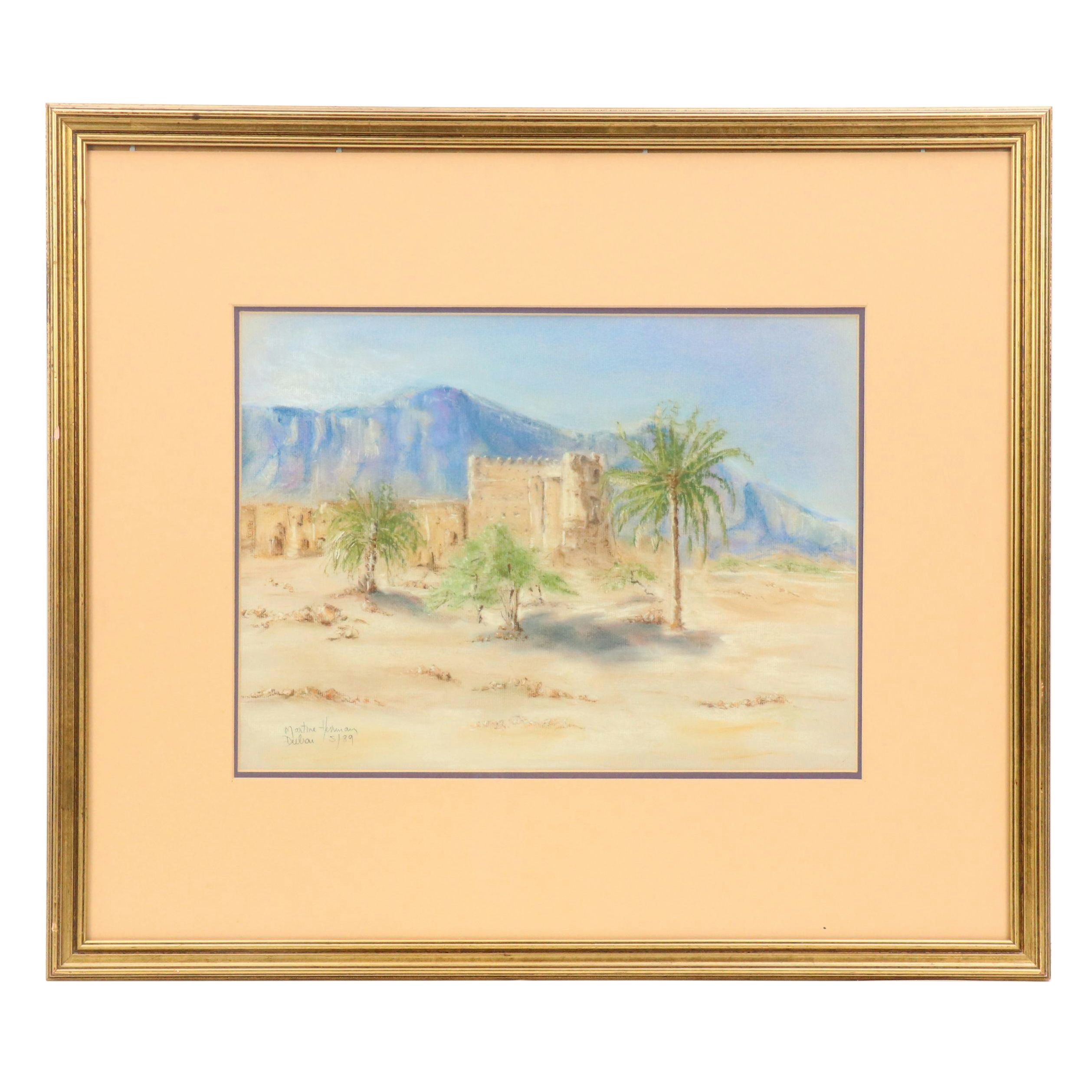 Landscape Pastel Drawing of Oasis and Mountain Backdrop "Dubai," 1989