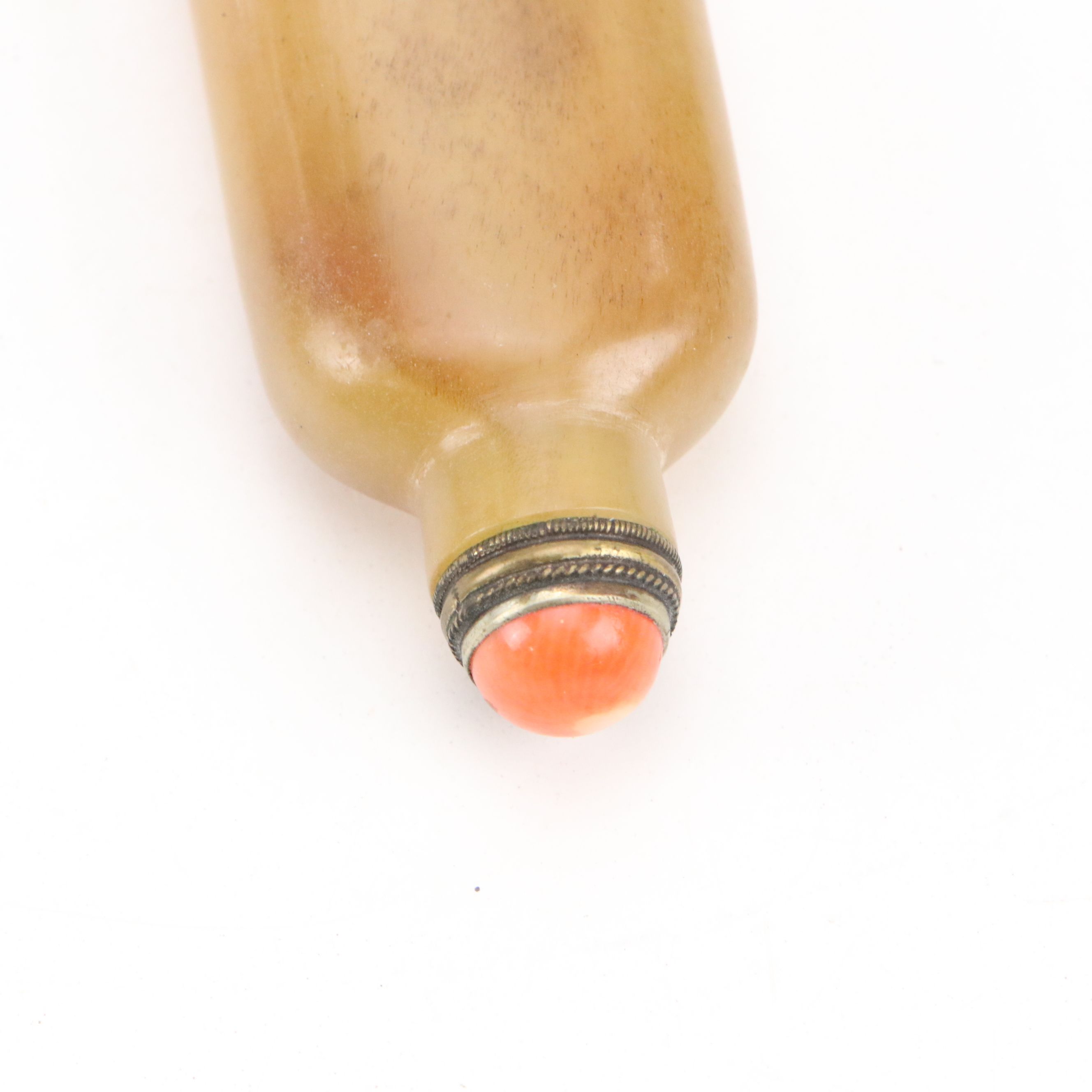 Chinese Horn Snuff Bottles with Coral Cabochon Stoppers