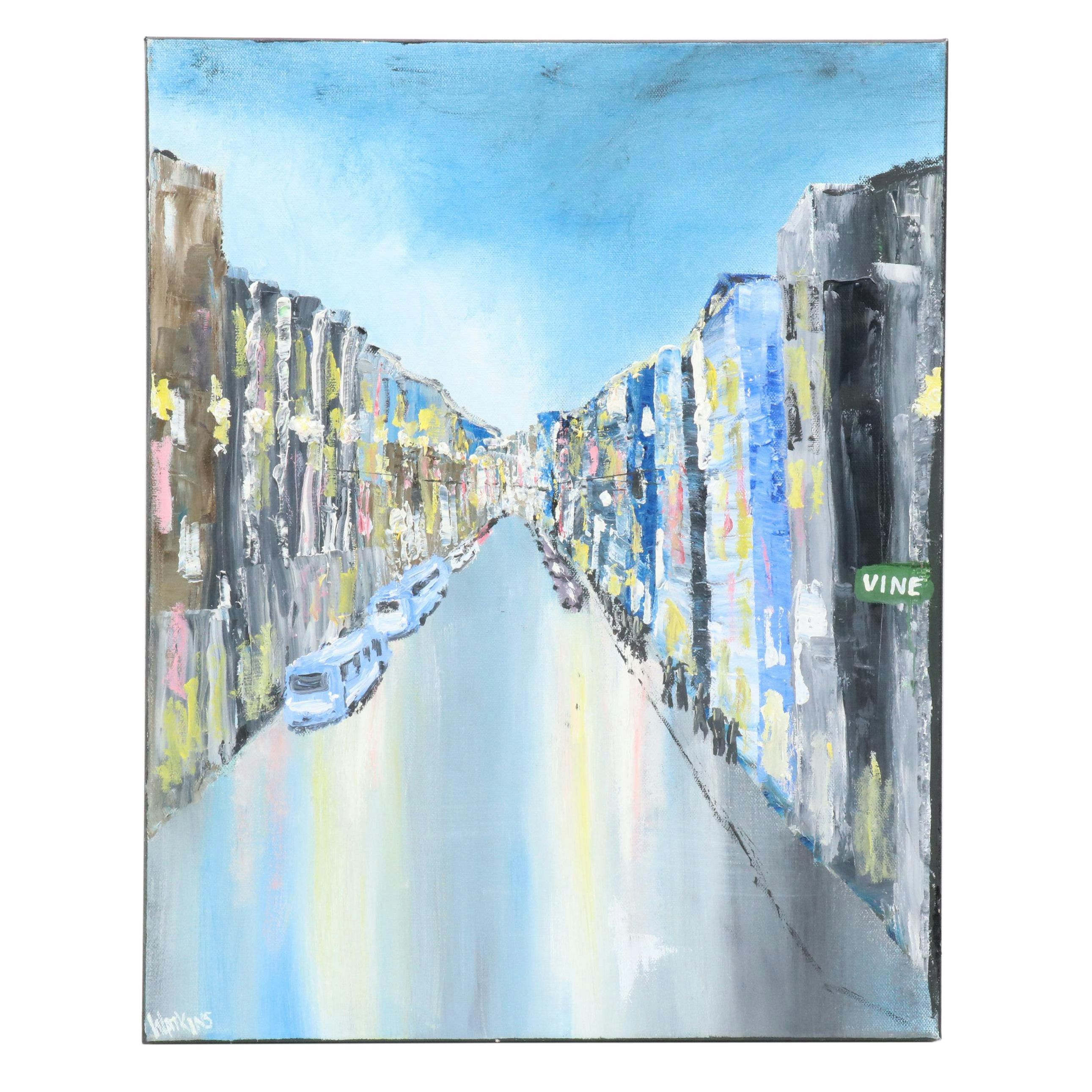 Joseph Watkins Stylized Cityscape Oil Painting "Old Over the Rhine"