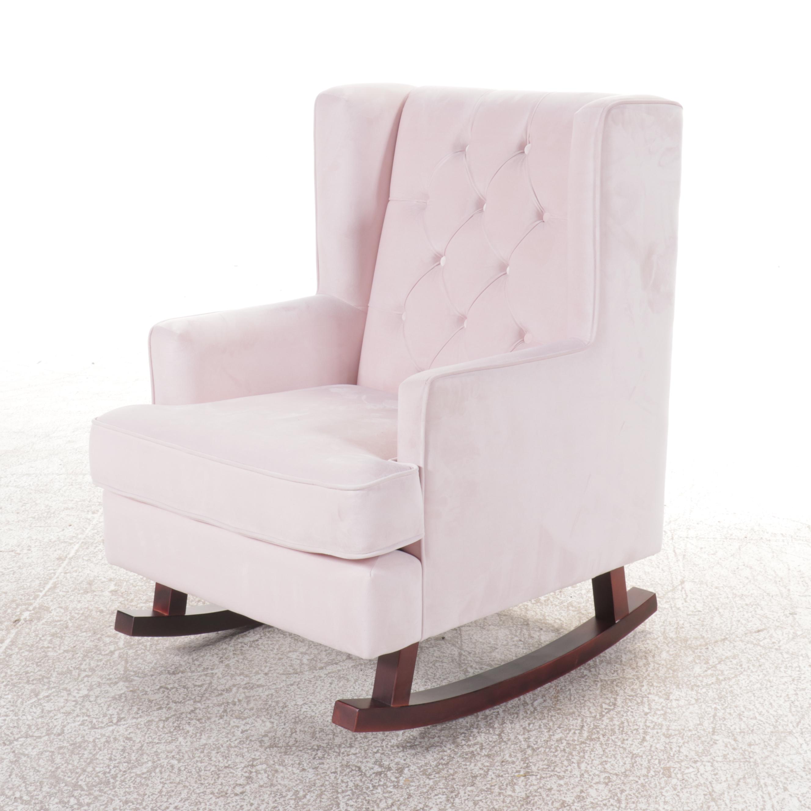 Pink Button-Tufted Rocking Chair with Paris Throw Pillow