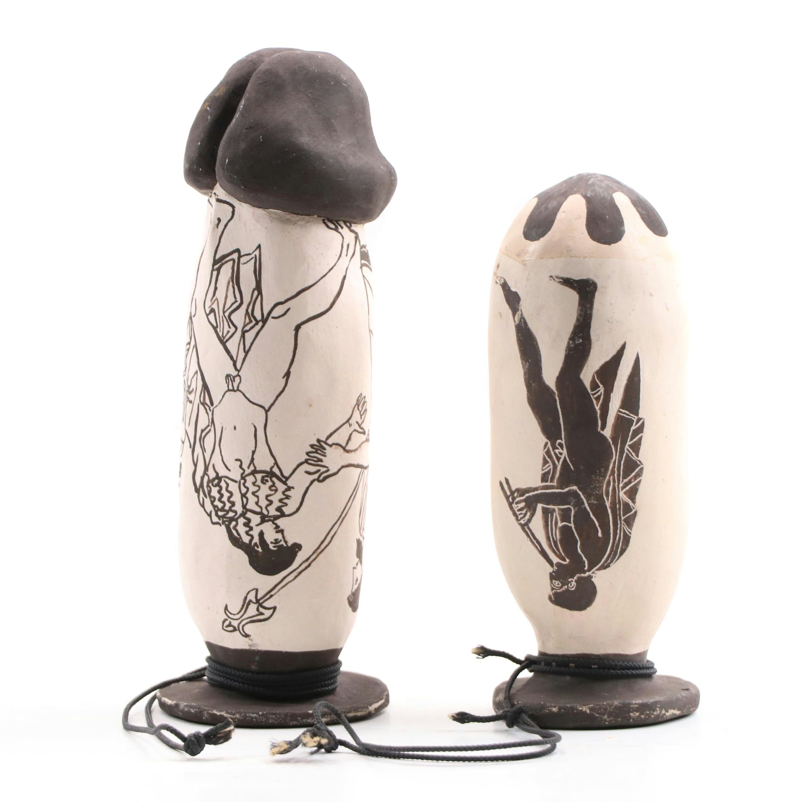 Greek Style Hand-Painted Black on White Ceramic Phallic Forms