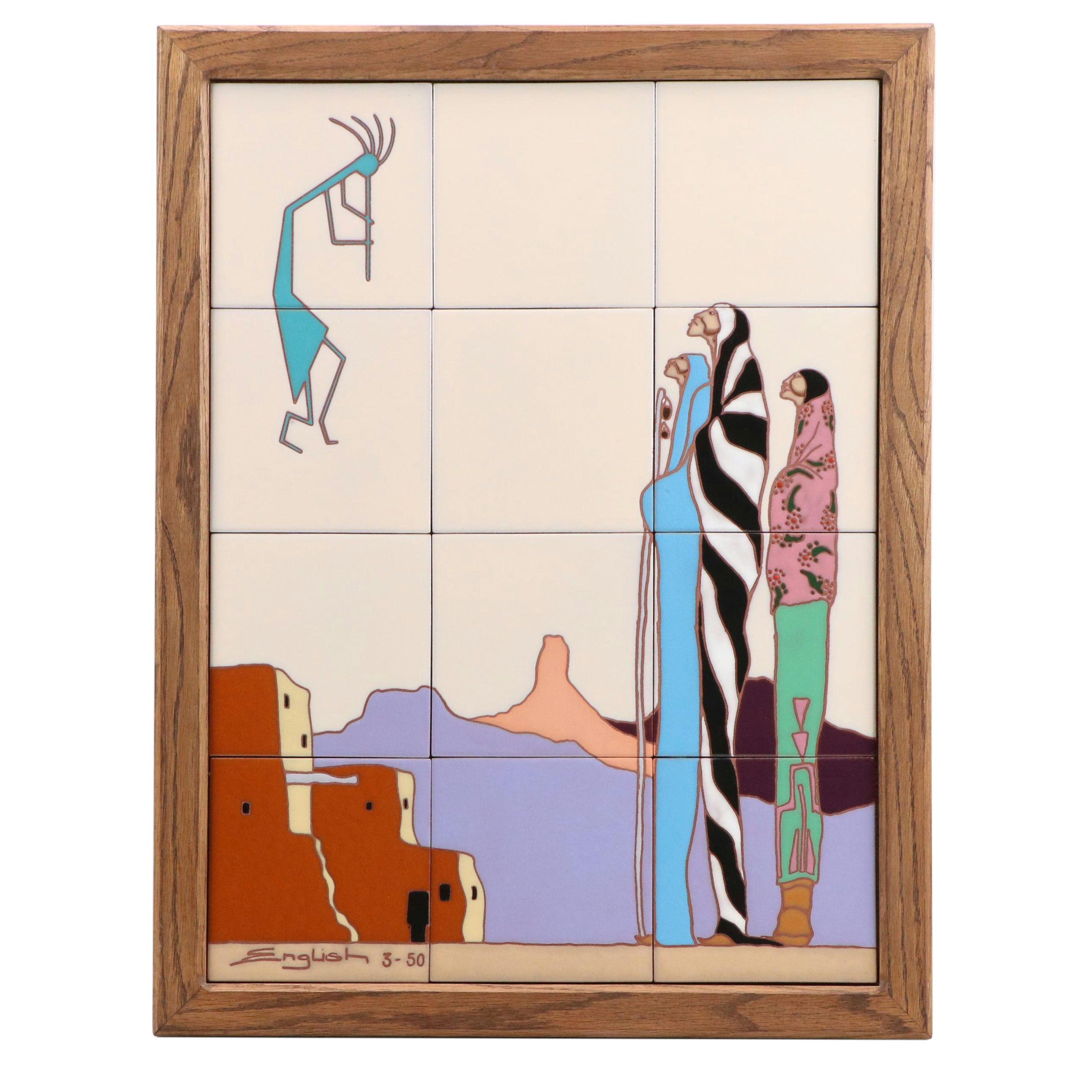 Sam English Teissedre Tiles with Kokopelli Above Figures in a Landscape, 1950
