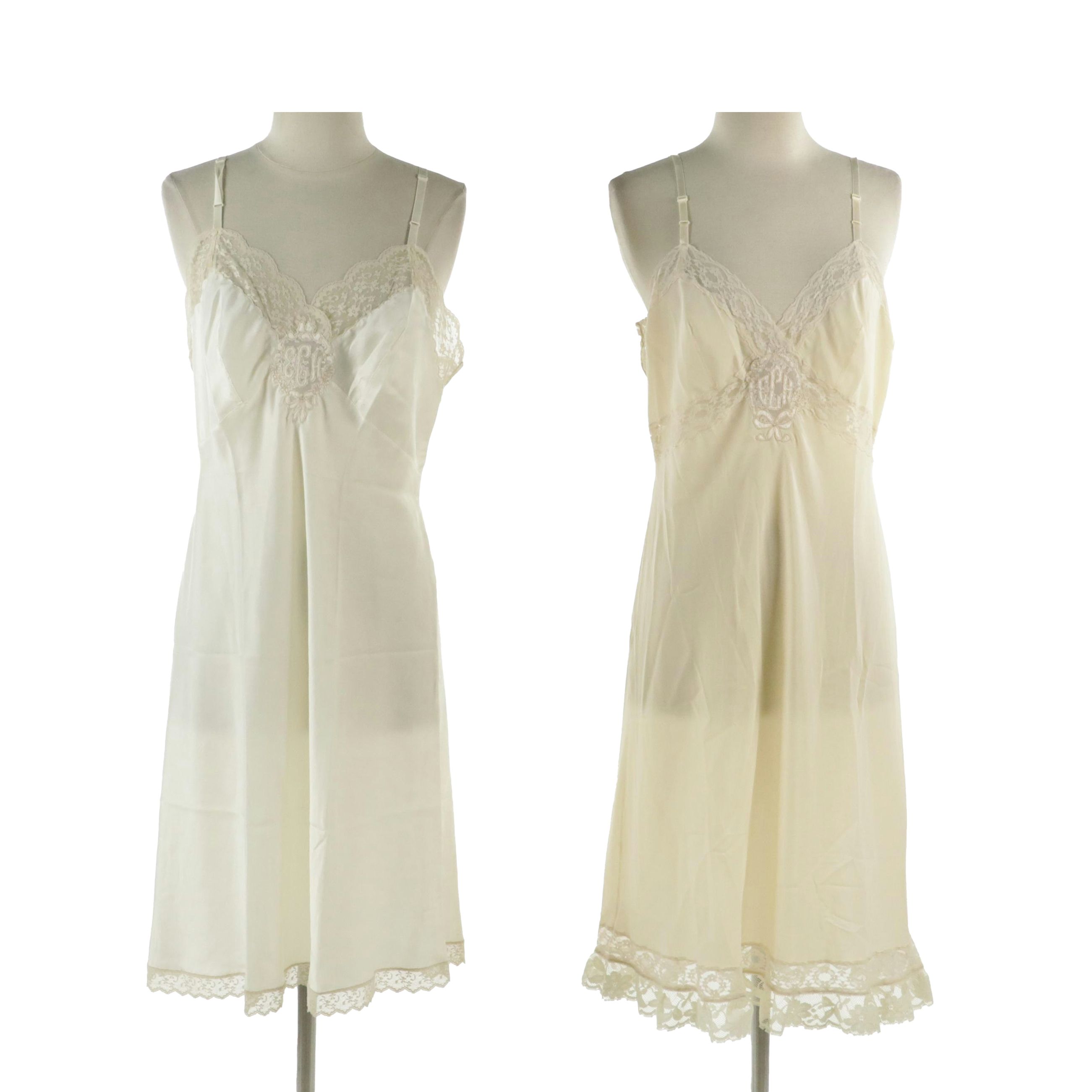 Corhan Noumair and Other Vintage Embroidered Monogram Lace Silk Slip Dresses