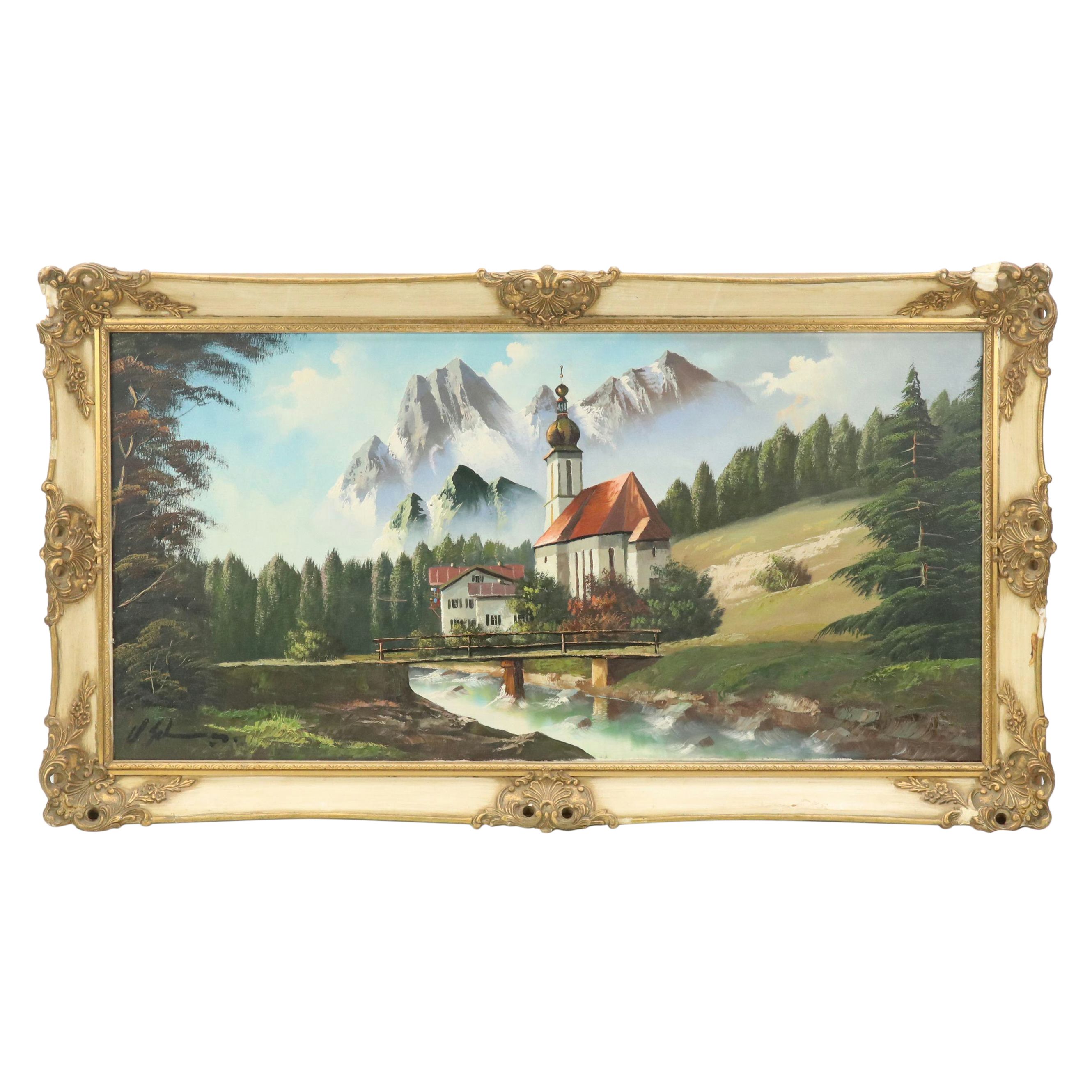 Mountain Landscape Oil Painting, Late 20th Century