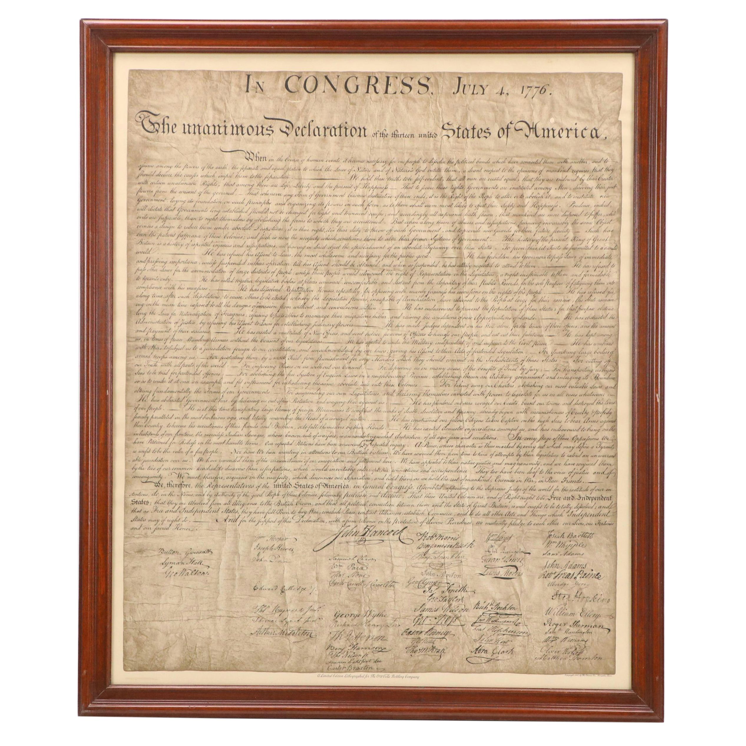 Coca-Cola Offset Lithograph Reproduction of the Declaration of Independence