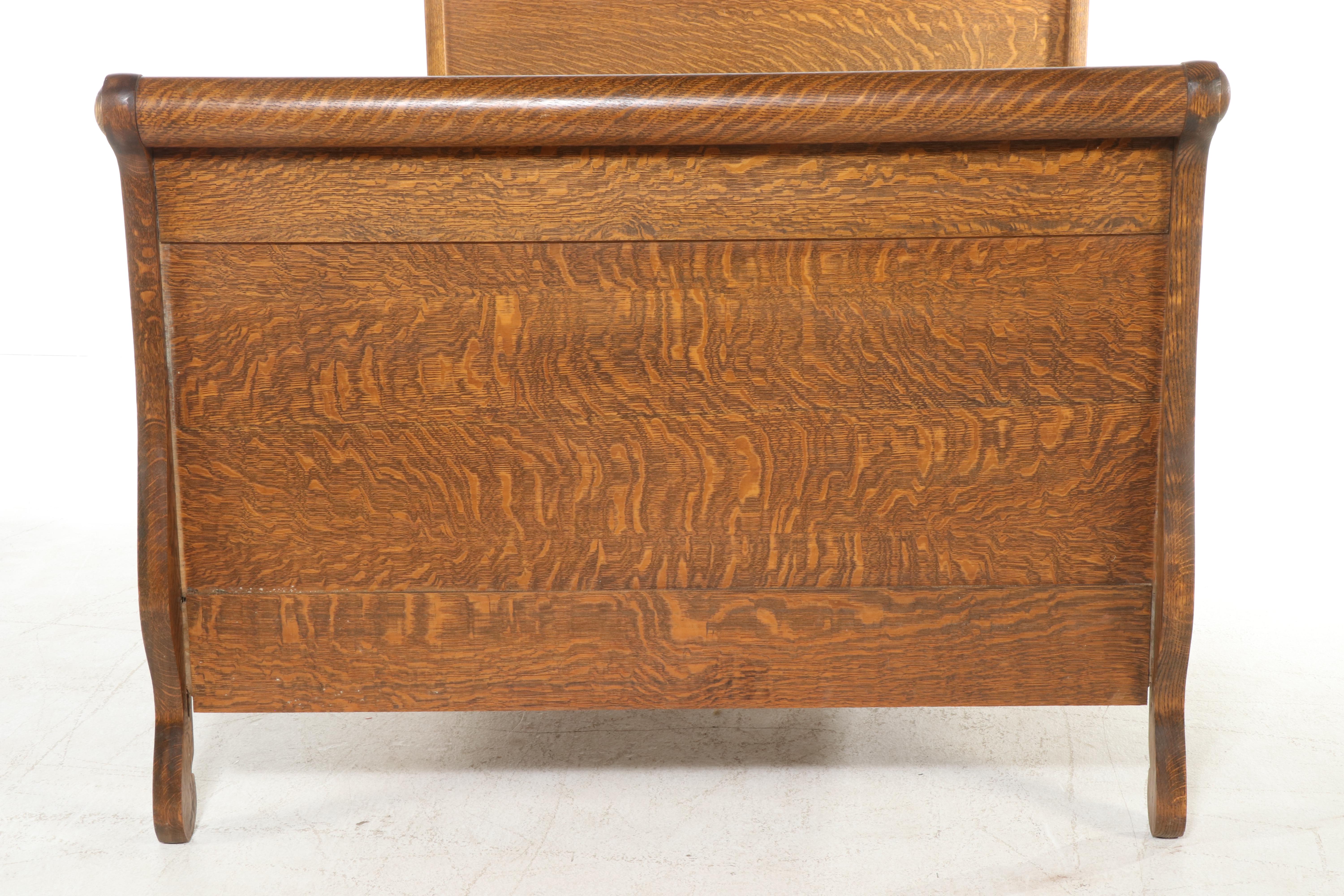Victorian Tiger Oak Full Size Sleigh Bed, Late 19th/ Early 20th Century