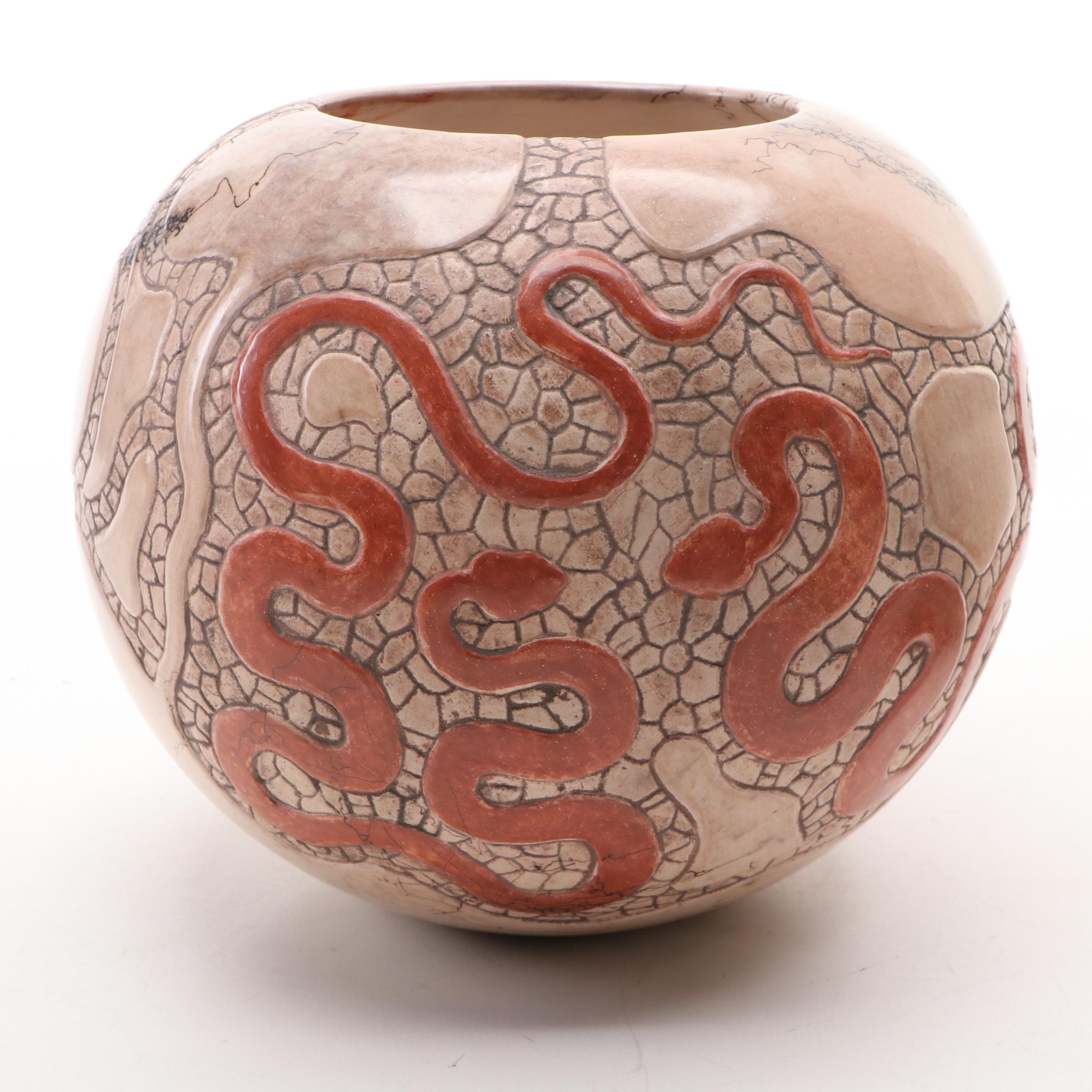 Mary Witkop Southwestern Serpent and Lizard Horse Hair Raku Ceramic Vases