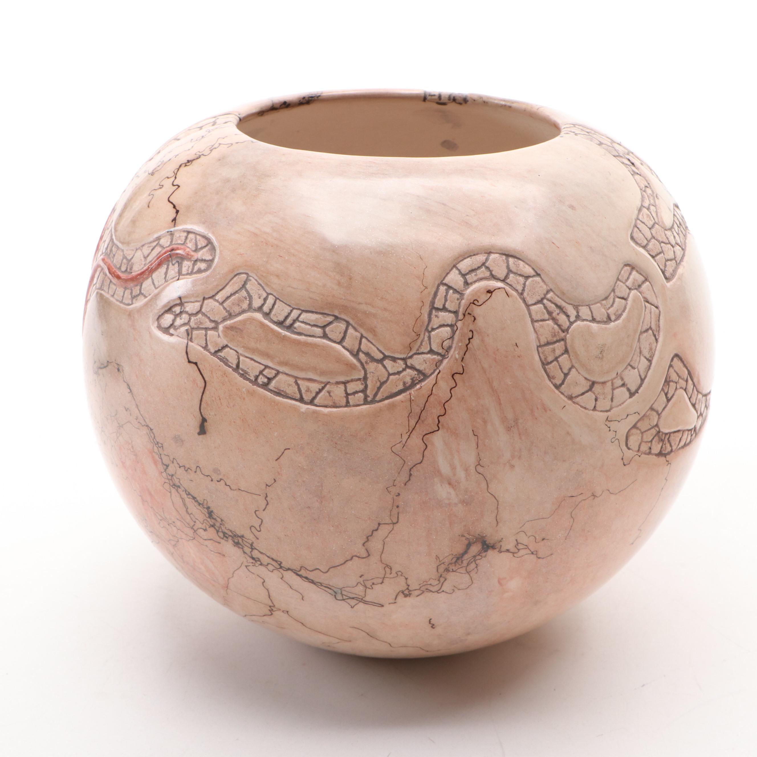 Mary Witkop Southwestern Serpent and Lizard Horse Hair Raku Ceramic Vases