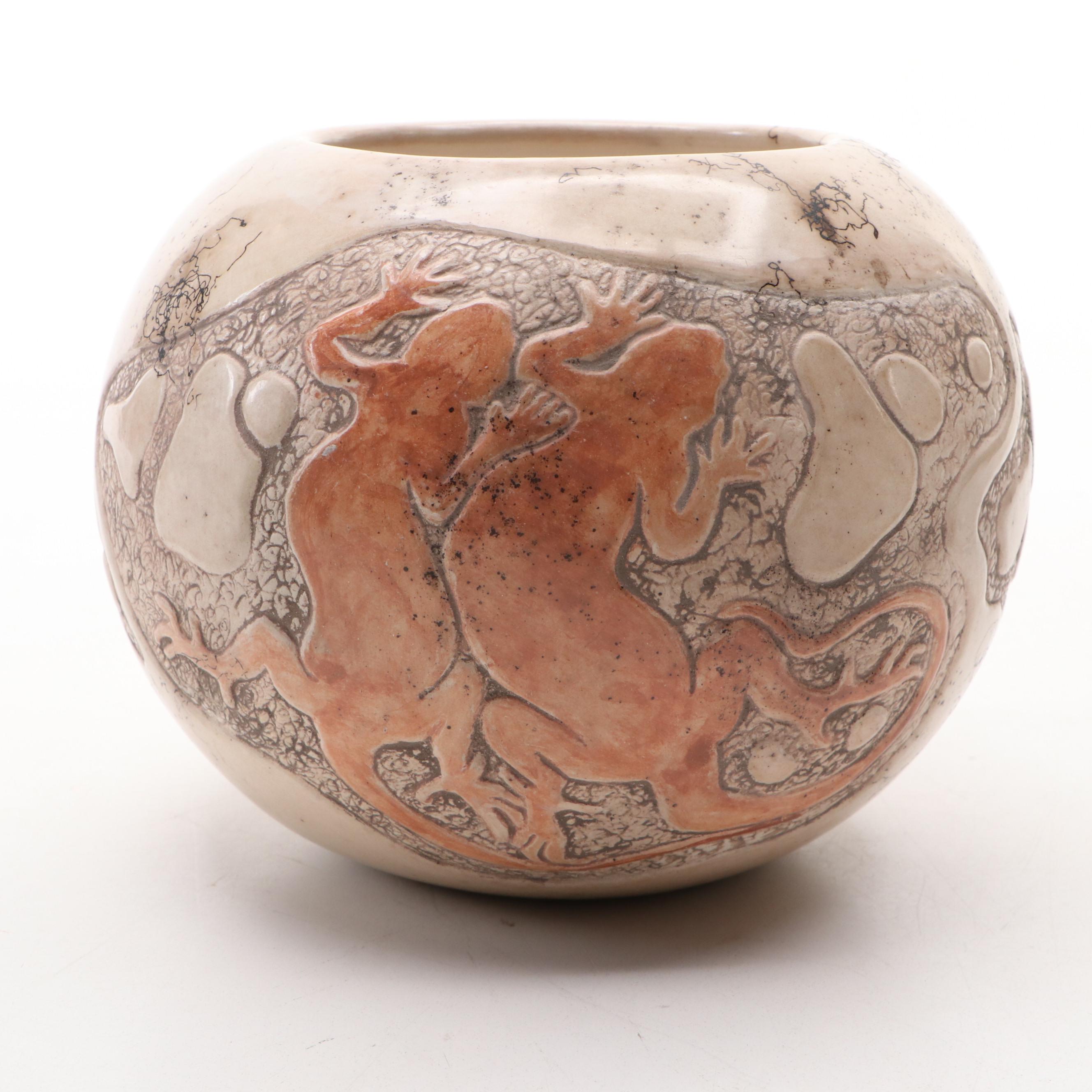 Mary Witkop Southwestern Serpent and Lizard Horse Hair Raku Ceramic Vases