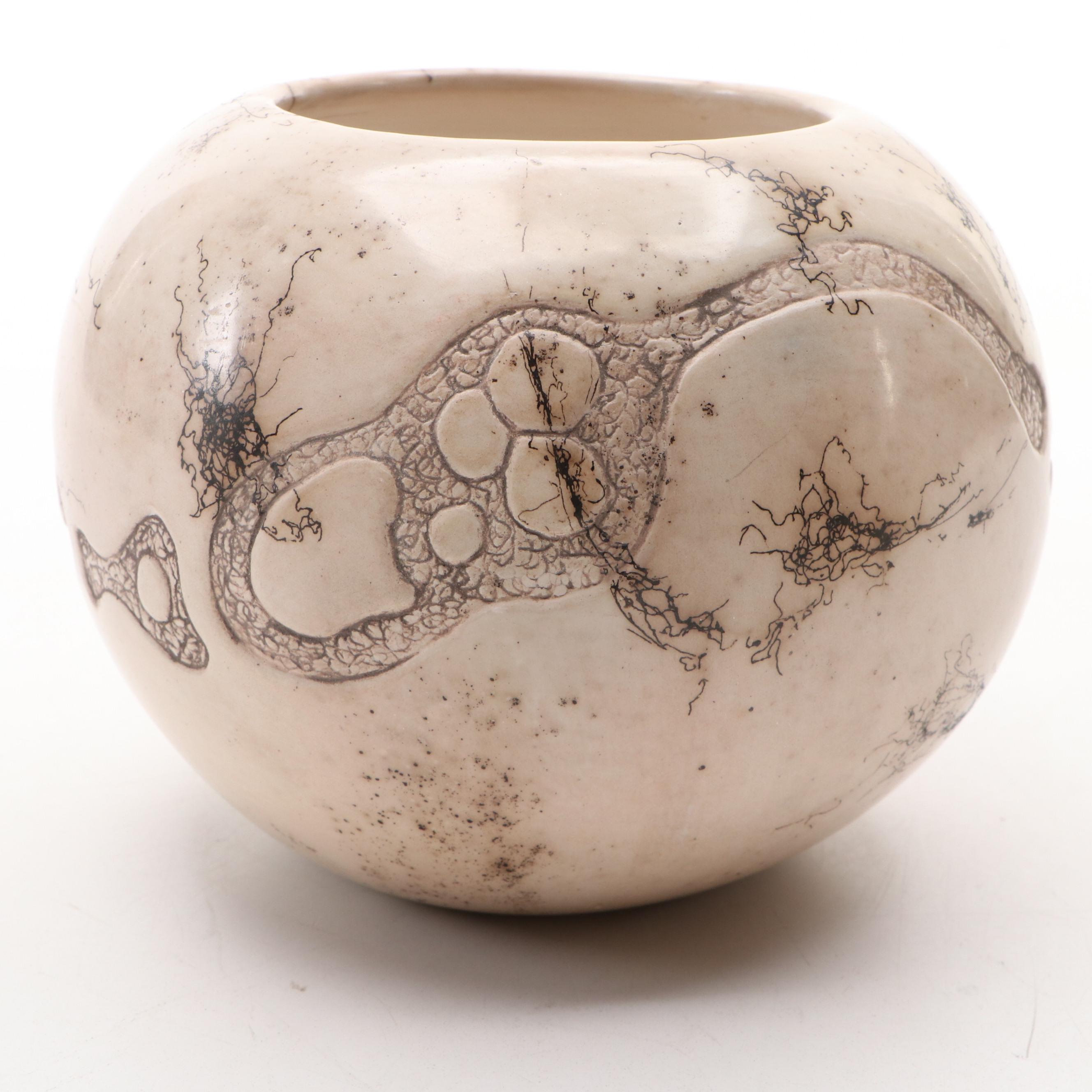 Mary Witkop Southwestern Serpent and Lizard Horse Hair Raku Ceramic Vases