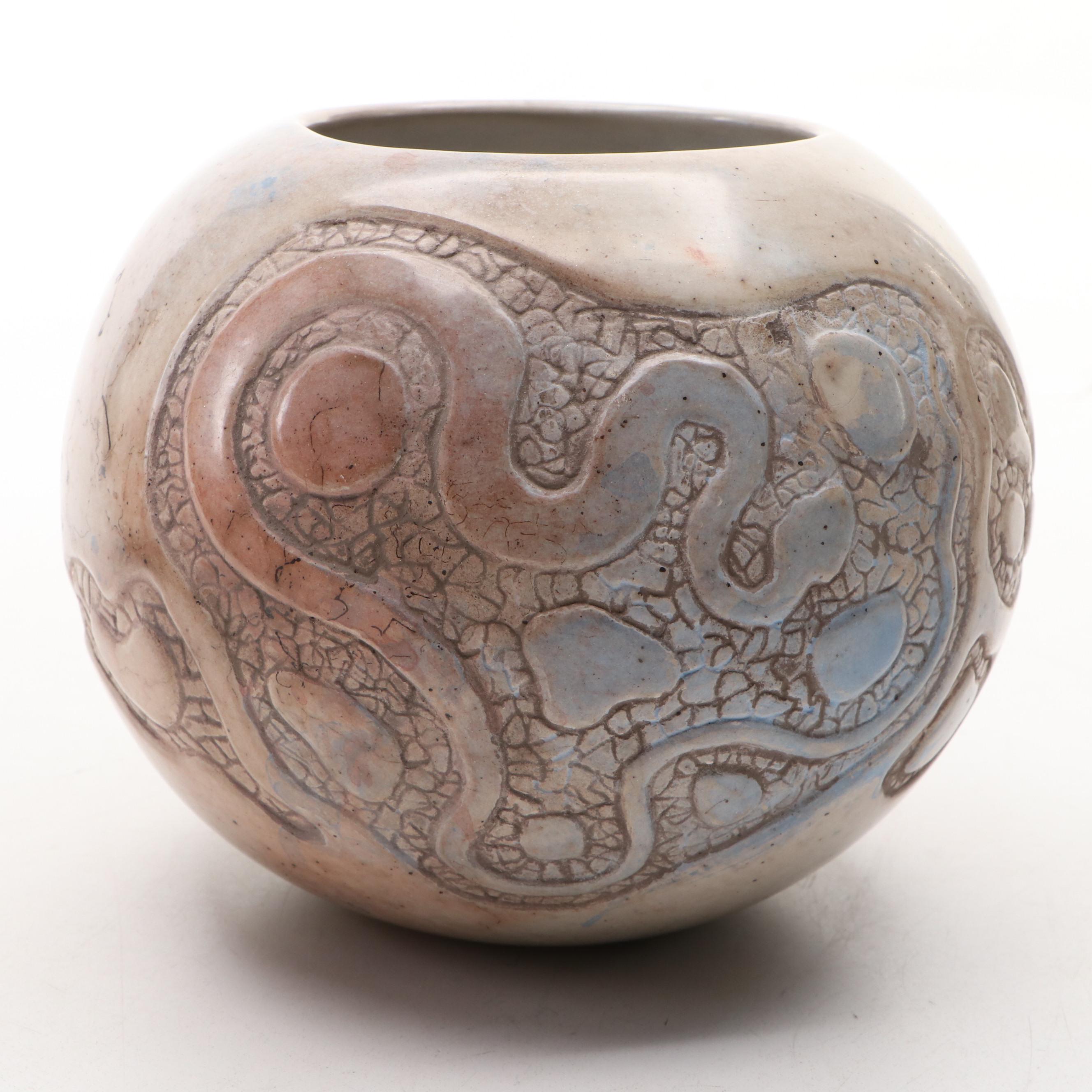 Mary Witkop Southwestern Serpent and Lizard Horse Hair Raku Ceramic Vases