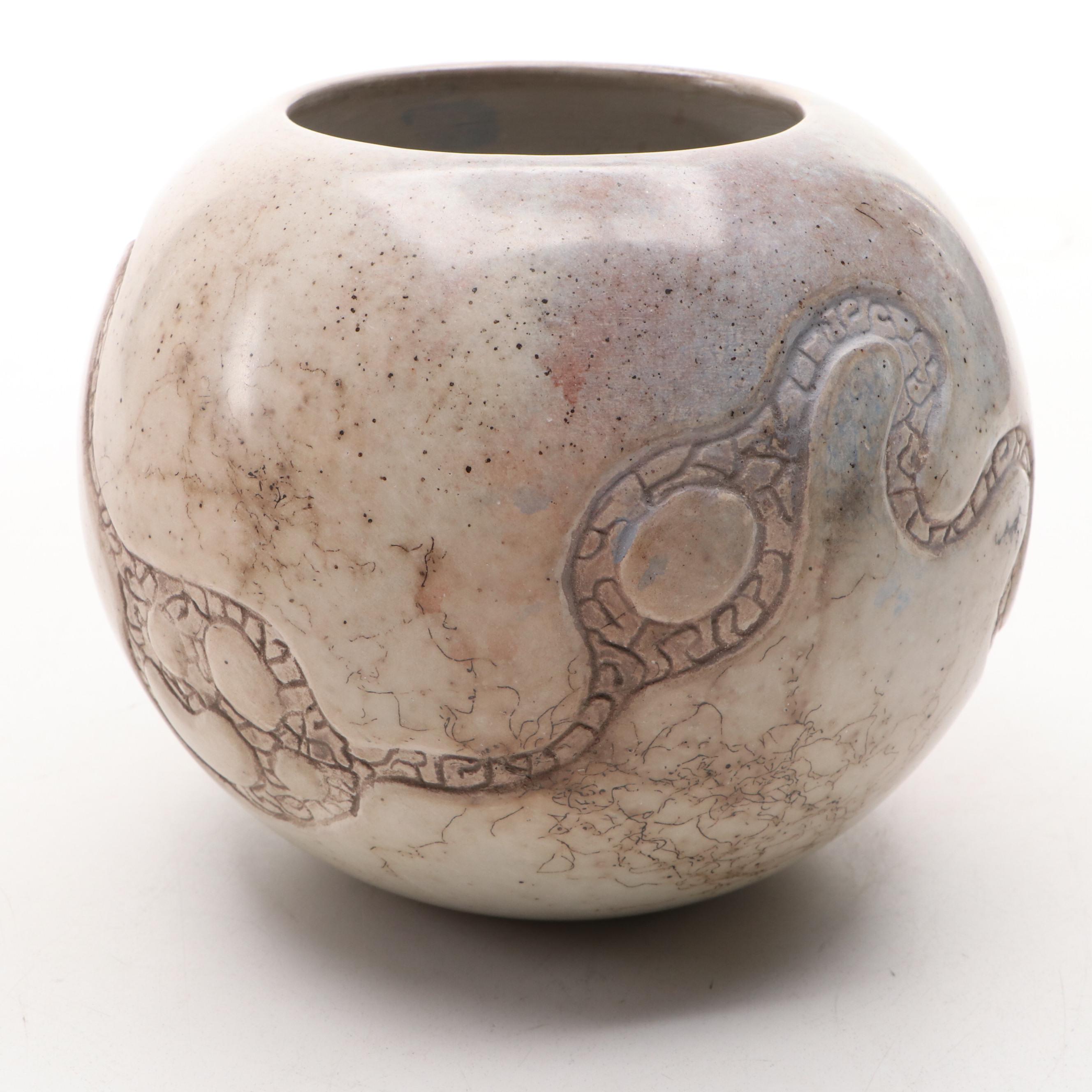Mary Witkop Southwestern Serpent and Lizard Horse Hair Raku Ceramic Vases
