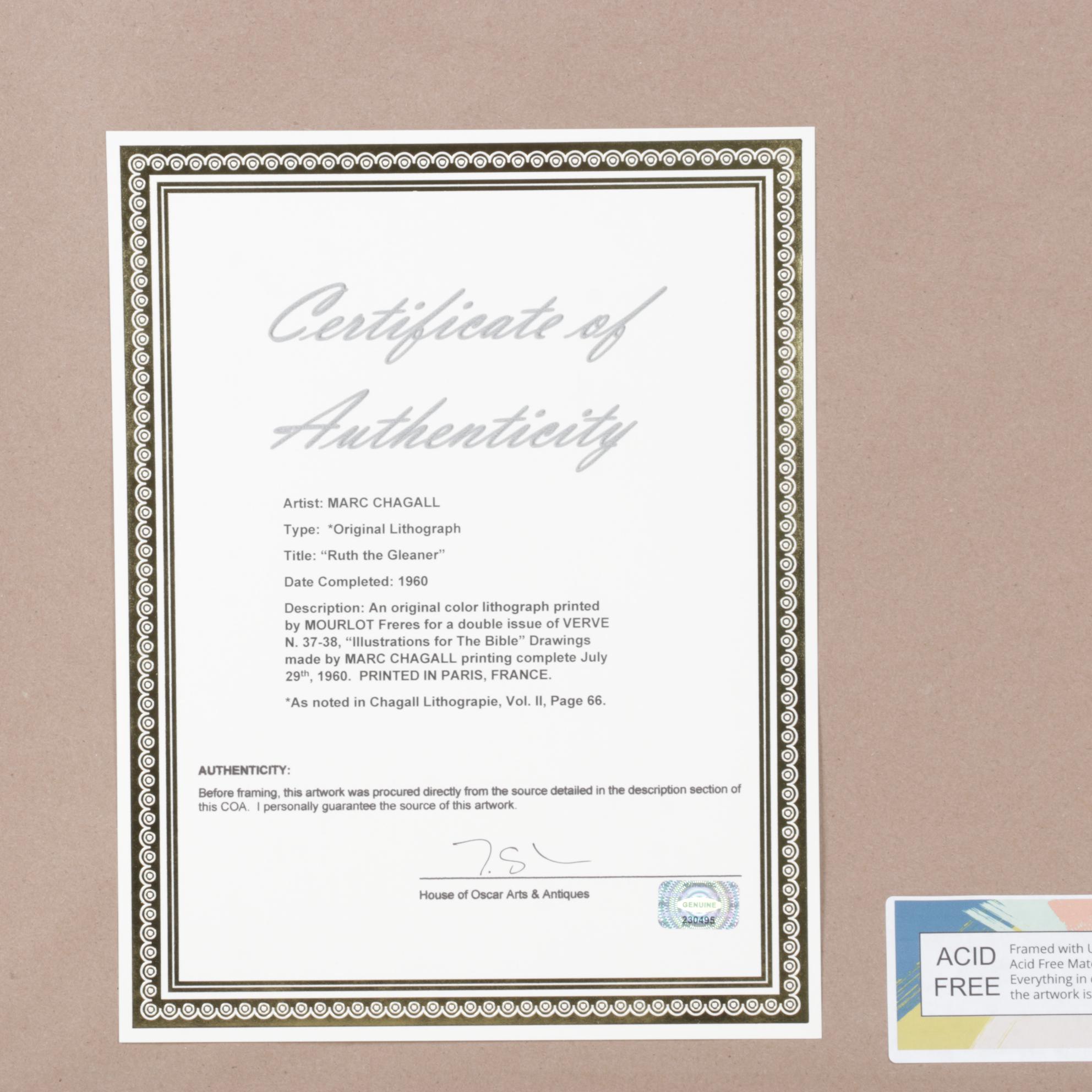 Marc Chagall Color Lithograph "Ruth la glaneuse" From "Verve," 1960