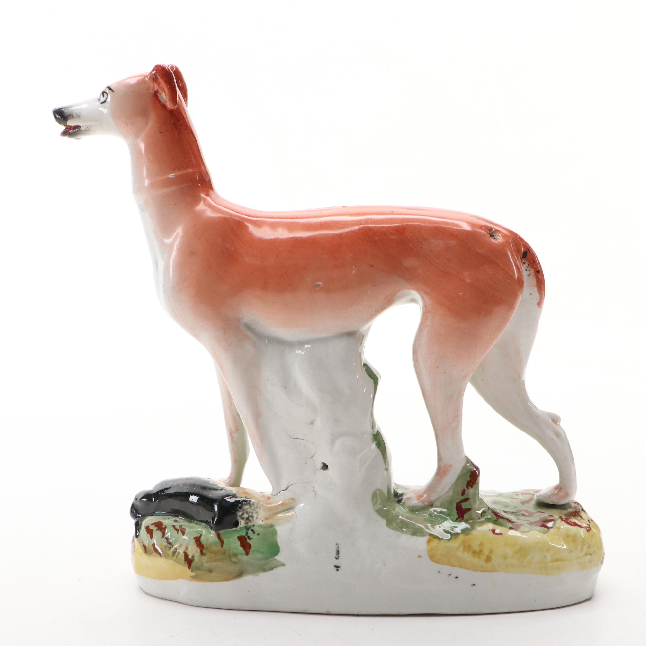 Staffordshire Greyhound with Hare and Recumbent Greyhound Figures