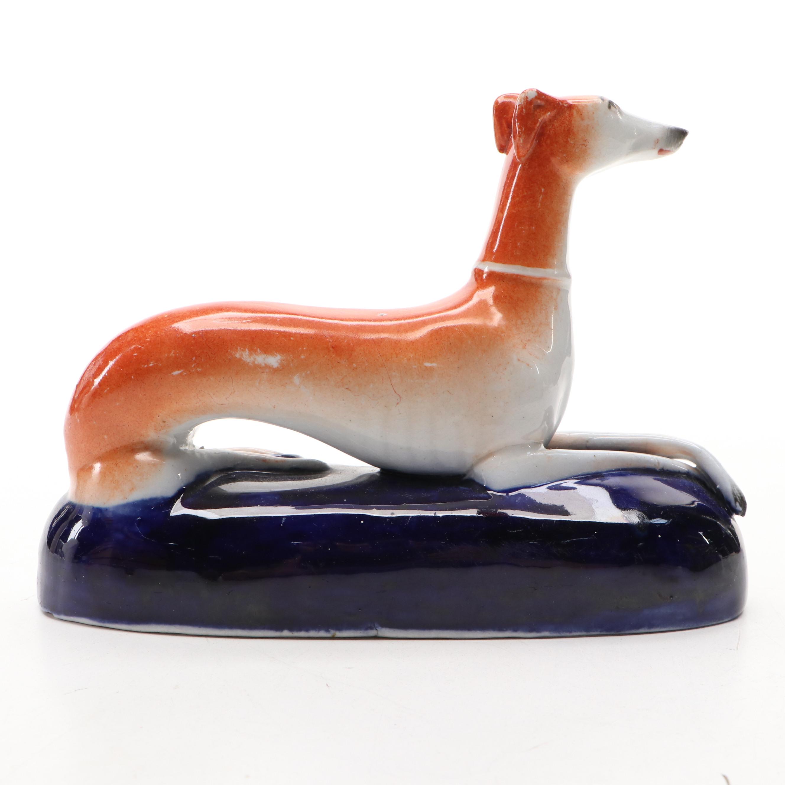 Staffordshire Greyhound with Hare and Recumbent Greyhound Figures