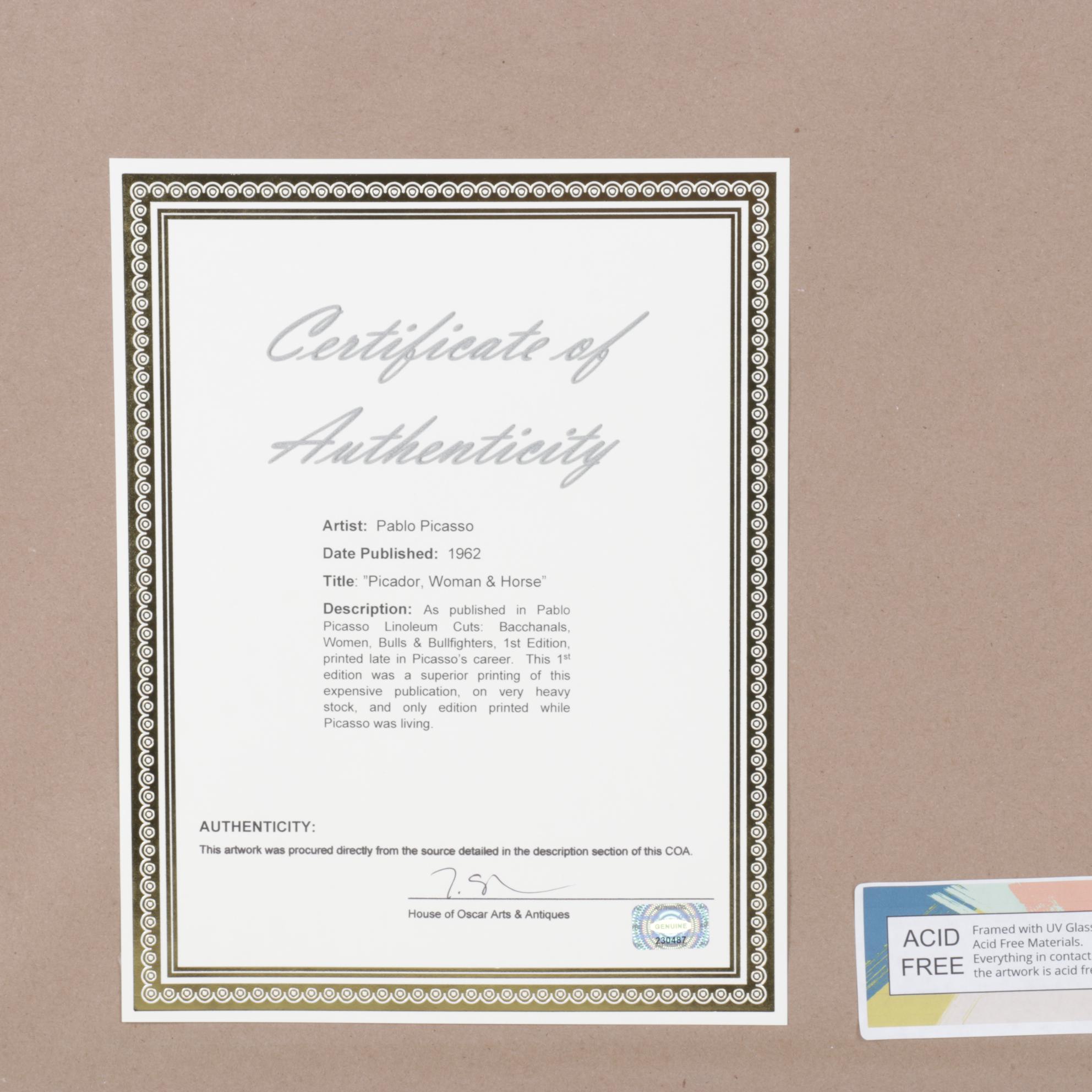 Pablo Picasso Linoleum Cut "Picador, Woman, and Horse," 1962