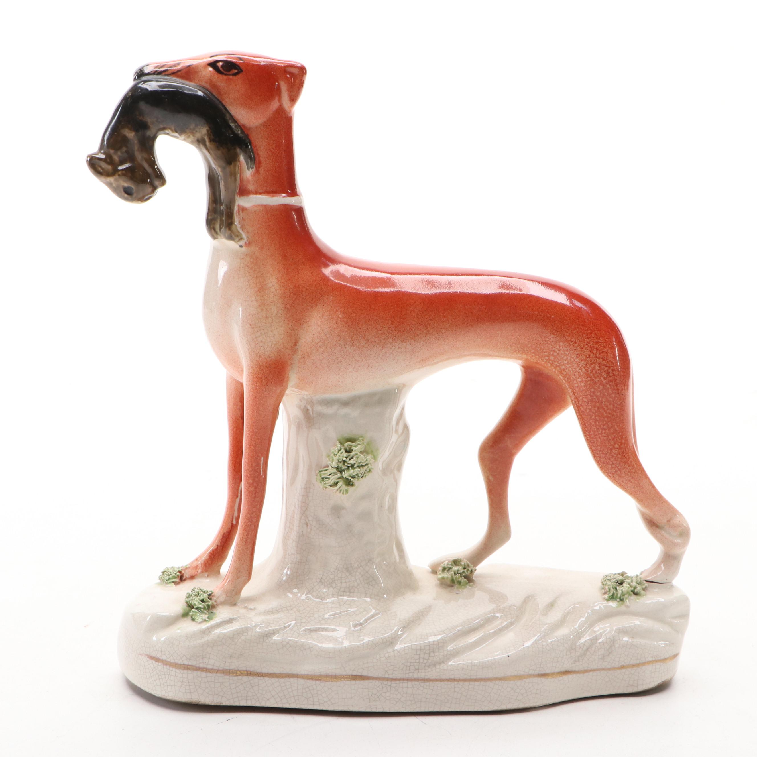 Staffordshire Hunting Greyhound with Hare Figurines, Mid to Late 19th Century