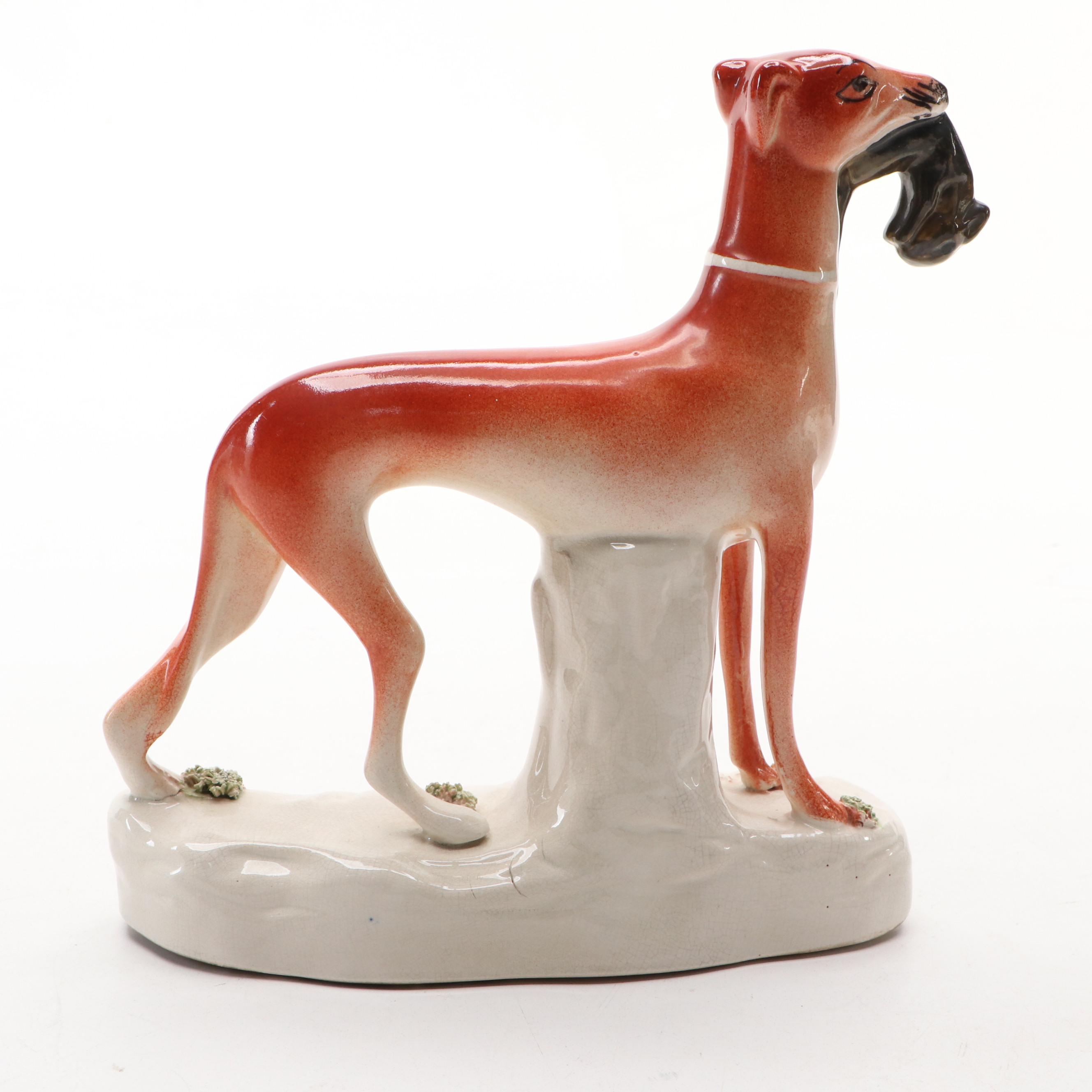 Staffordshire Hunting Greyhound with Hare Figurines, Mid to Late 19th Century
