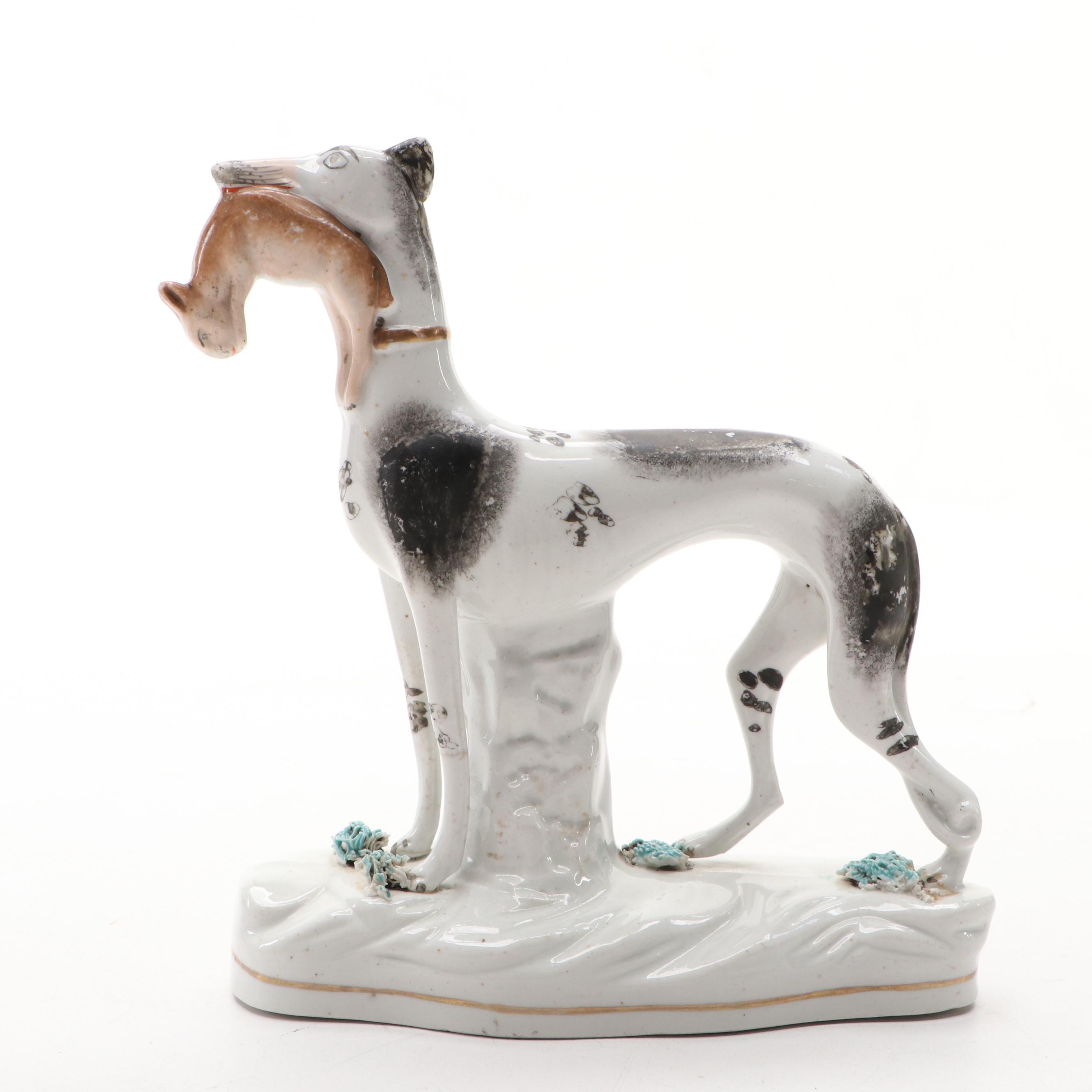 Staffordshire Hunting Greyhound with Hare Figurines, Mid to Late 19th Century