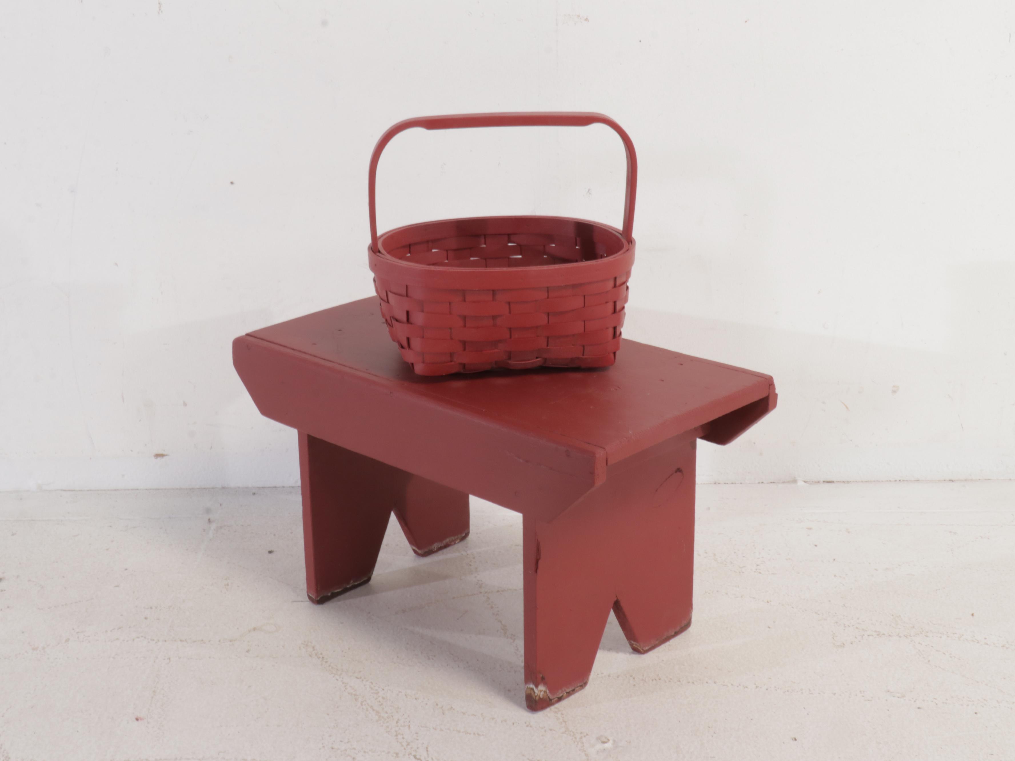 Shaker Style Red Painted Footstool with Decorative Shelf and Basket