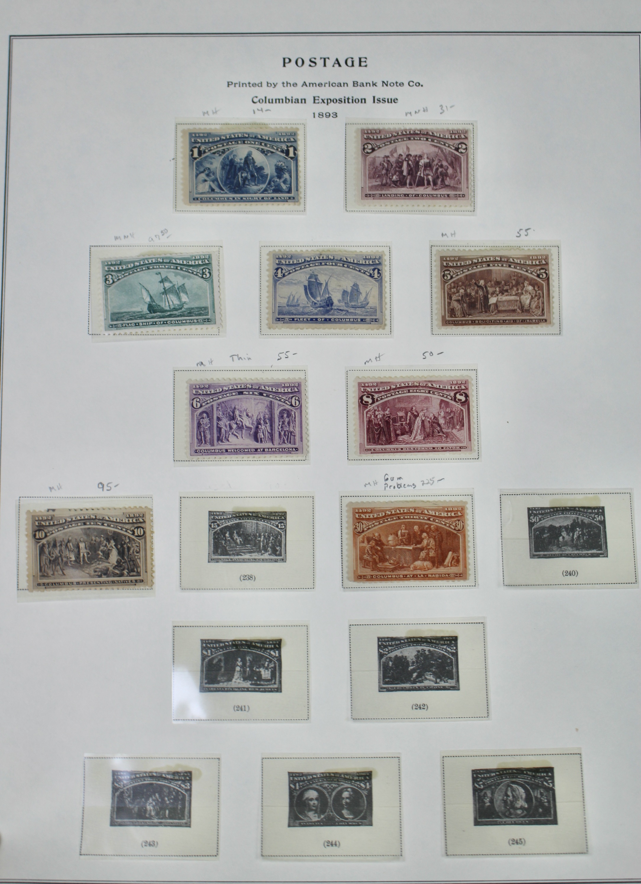 Eight Different Mint Condition 1893 Columbian Exposition Postage Stamps