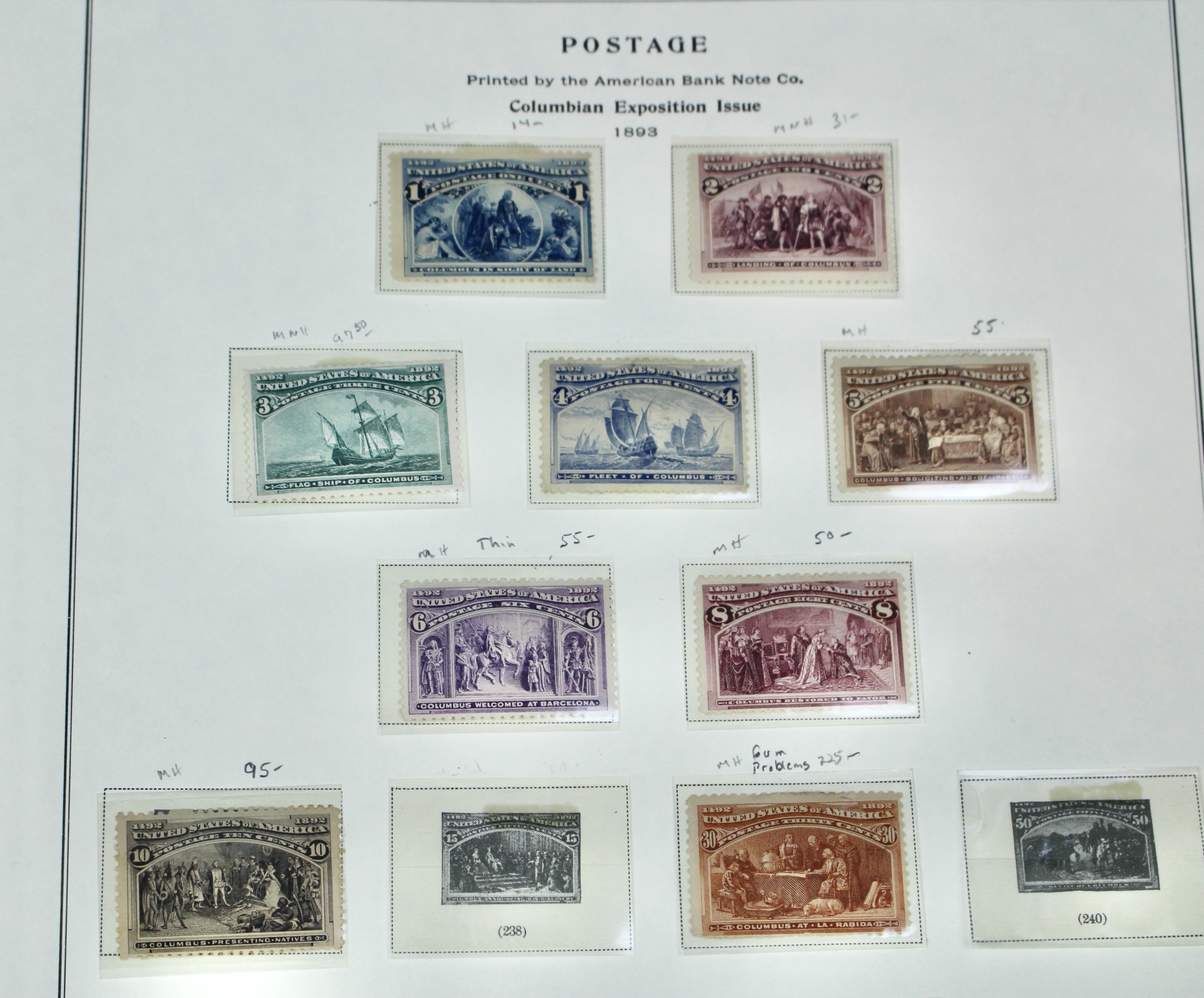 Eight Different Mint Condition 1893 Columbian Exposition Postage Stamps