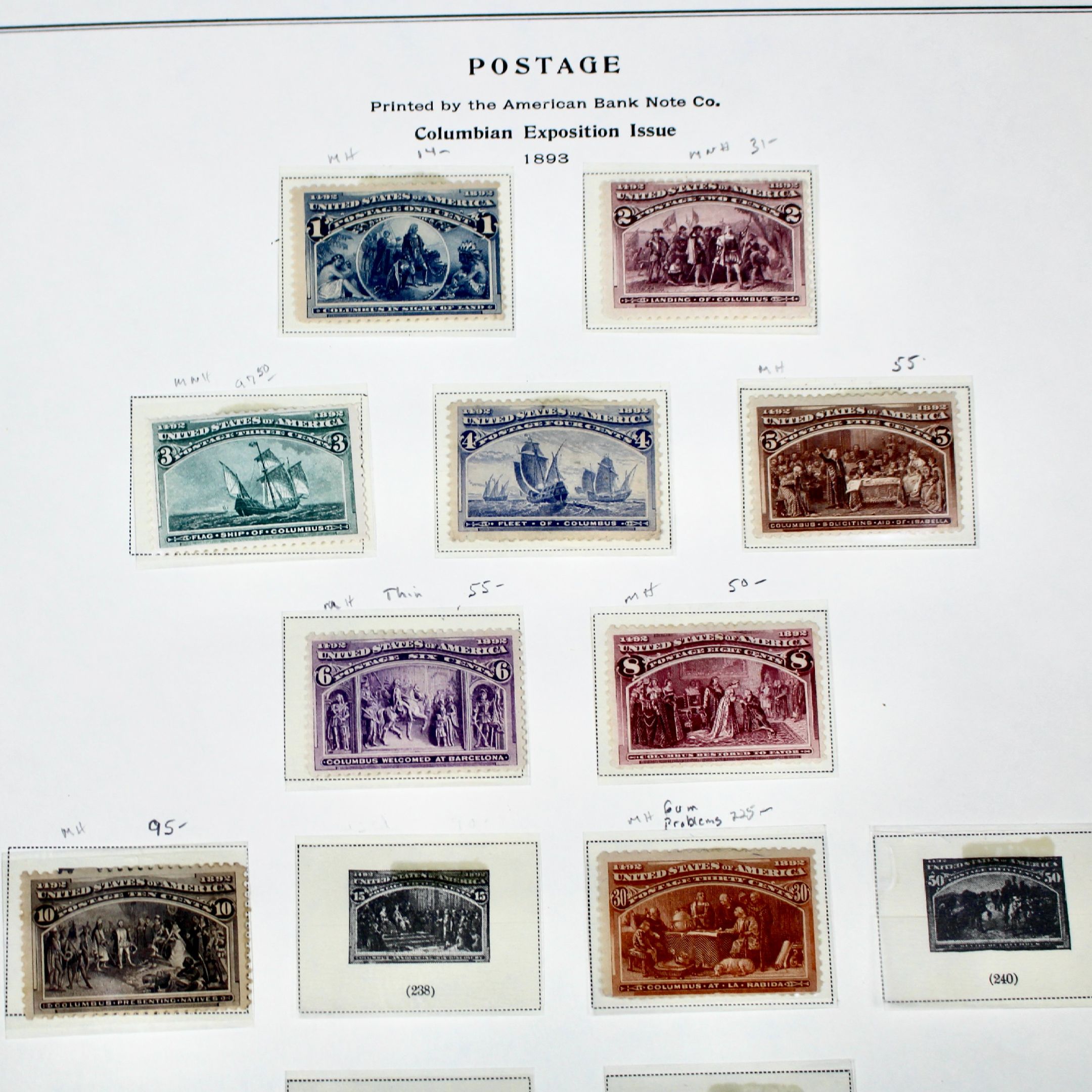 Eight Different Mint Condition 1893 Columbian Exposition Postage Stamps