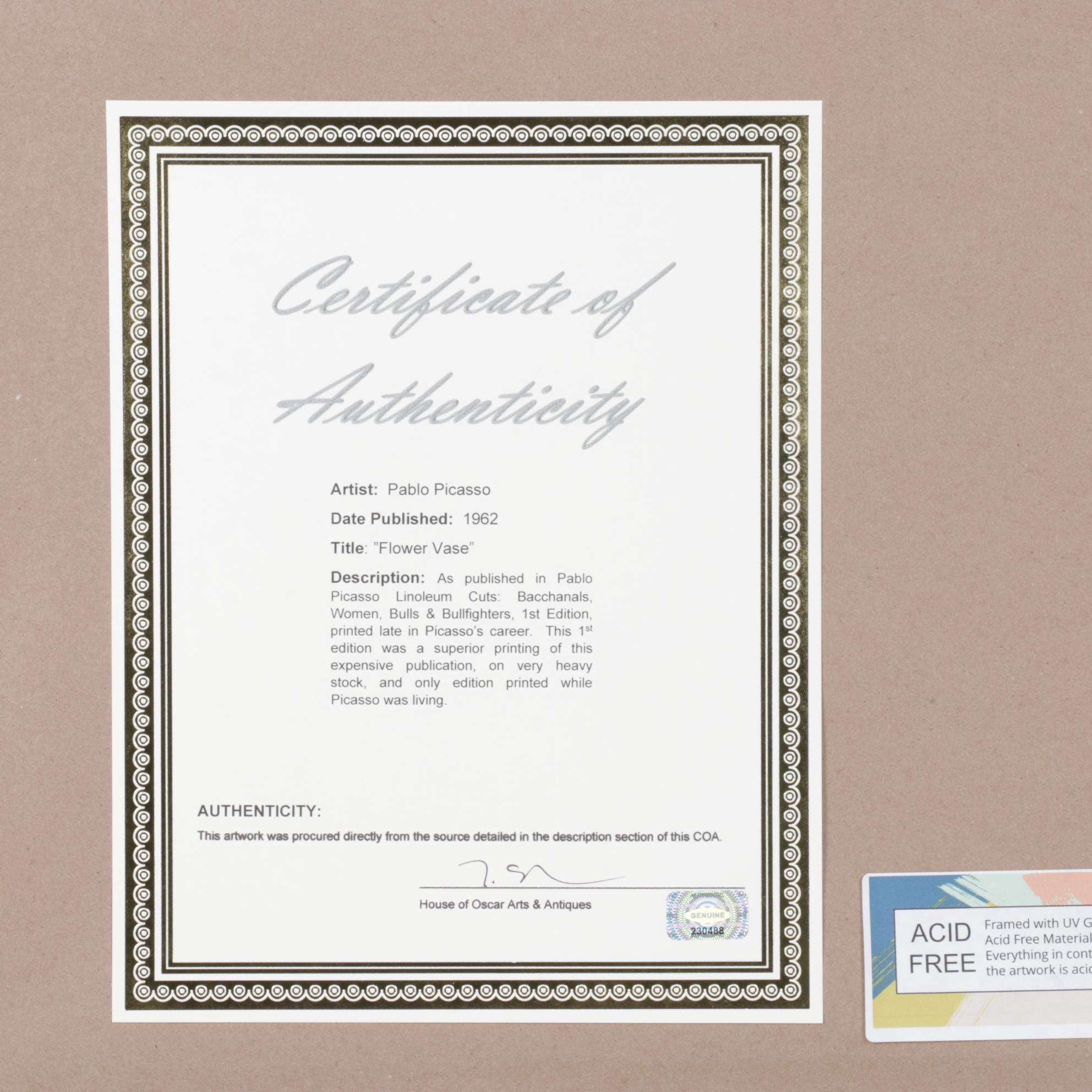 Pablo Picasso Linoleum Cut "Flower Vase," 1962