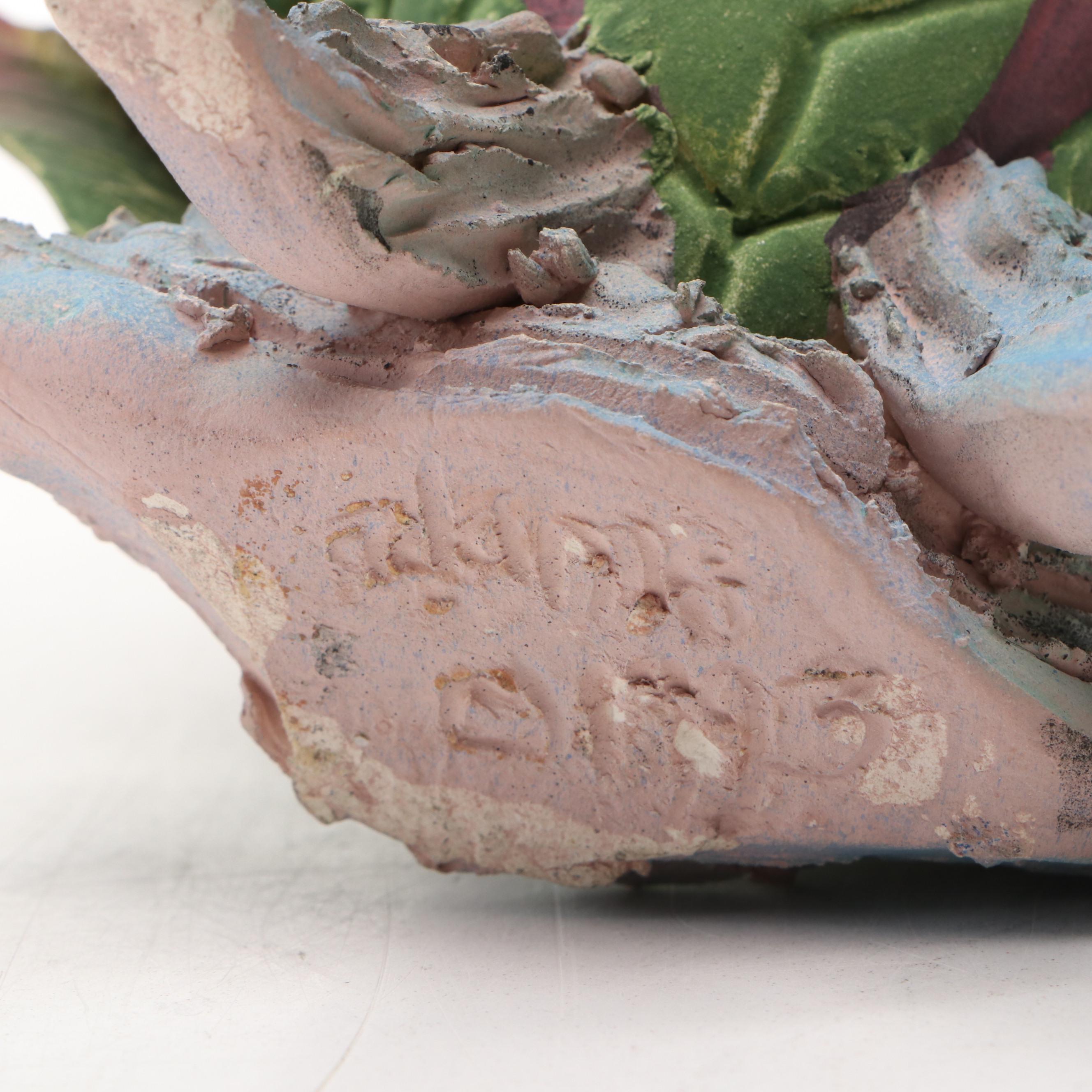 Nancy Adams Studio Pottery Lizards and Leaves Matte Painted Ceramic Vessel