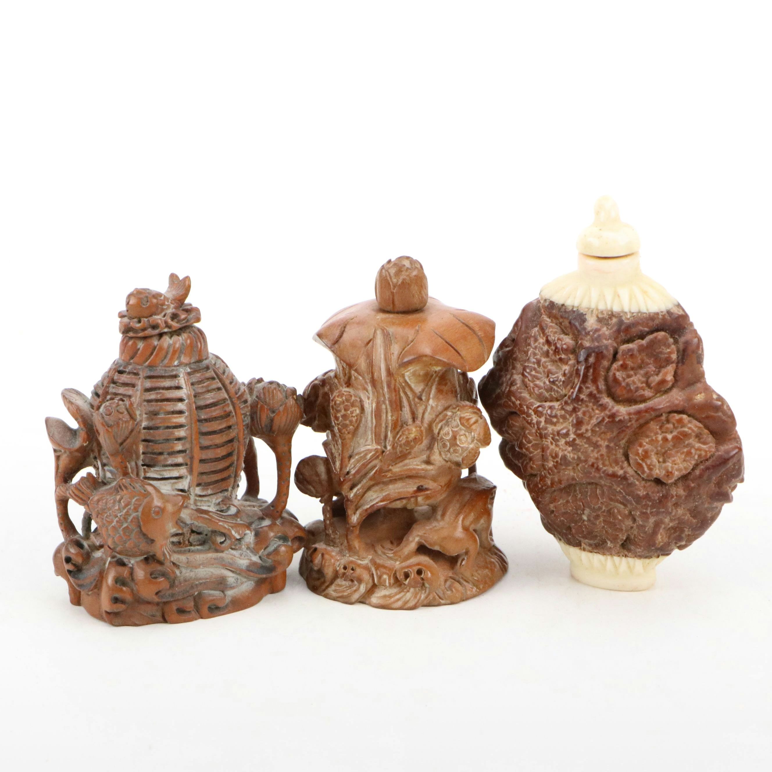 Chinese Hand-Carved Wooden and Nut Pod Snuff Bottles