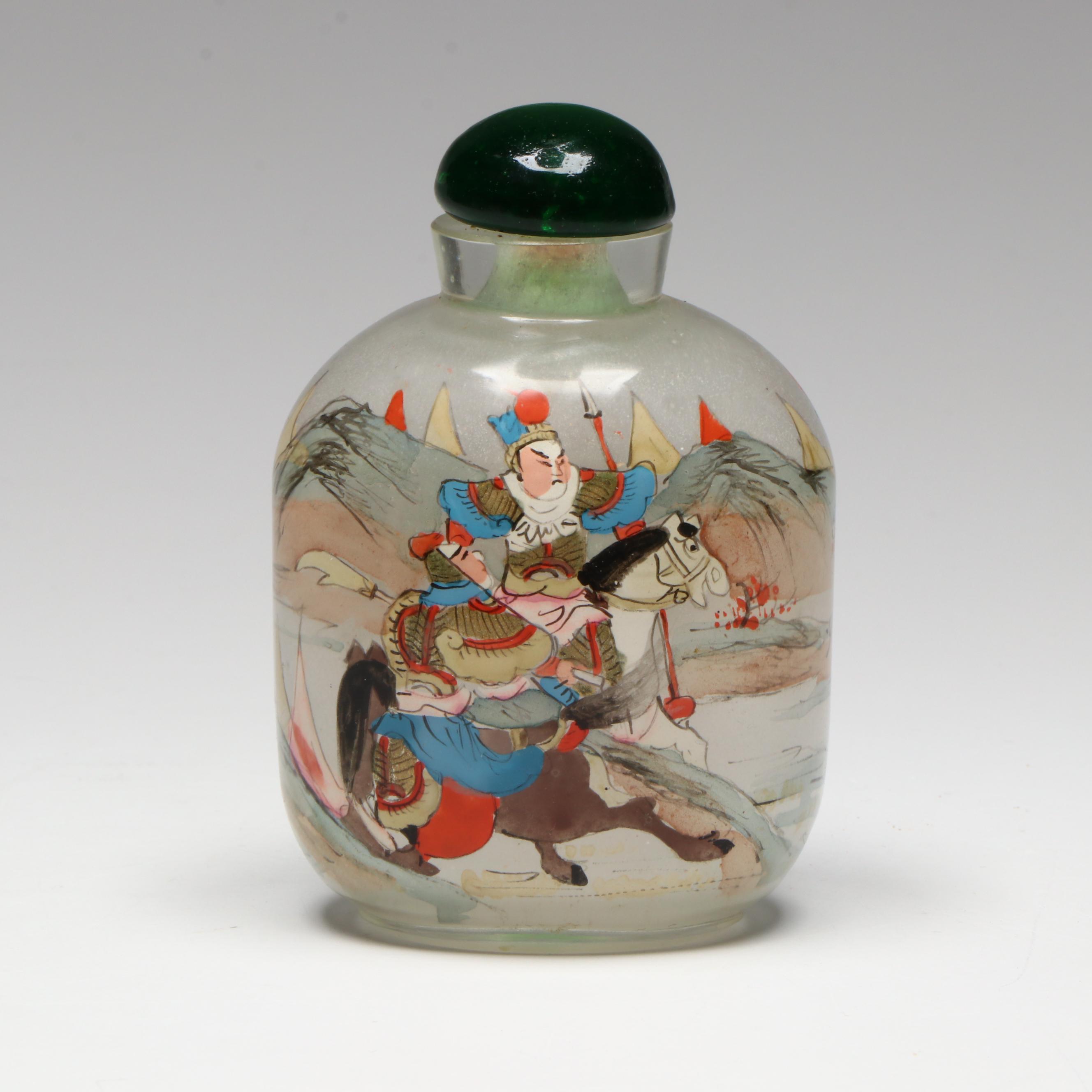 Chinese Reverse-Painted Warrior Scene Snuff Bottle & Green Glass Stopper