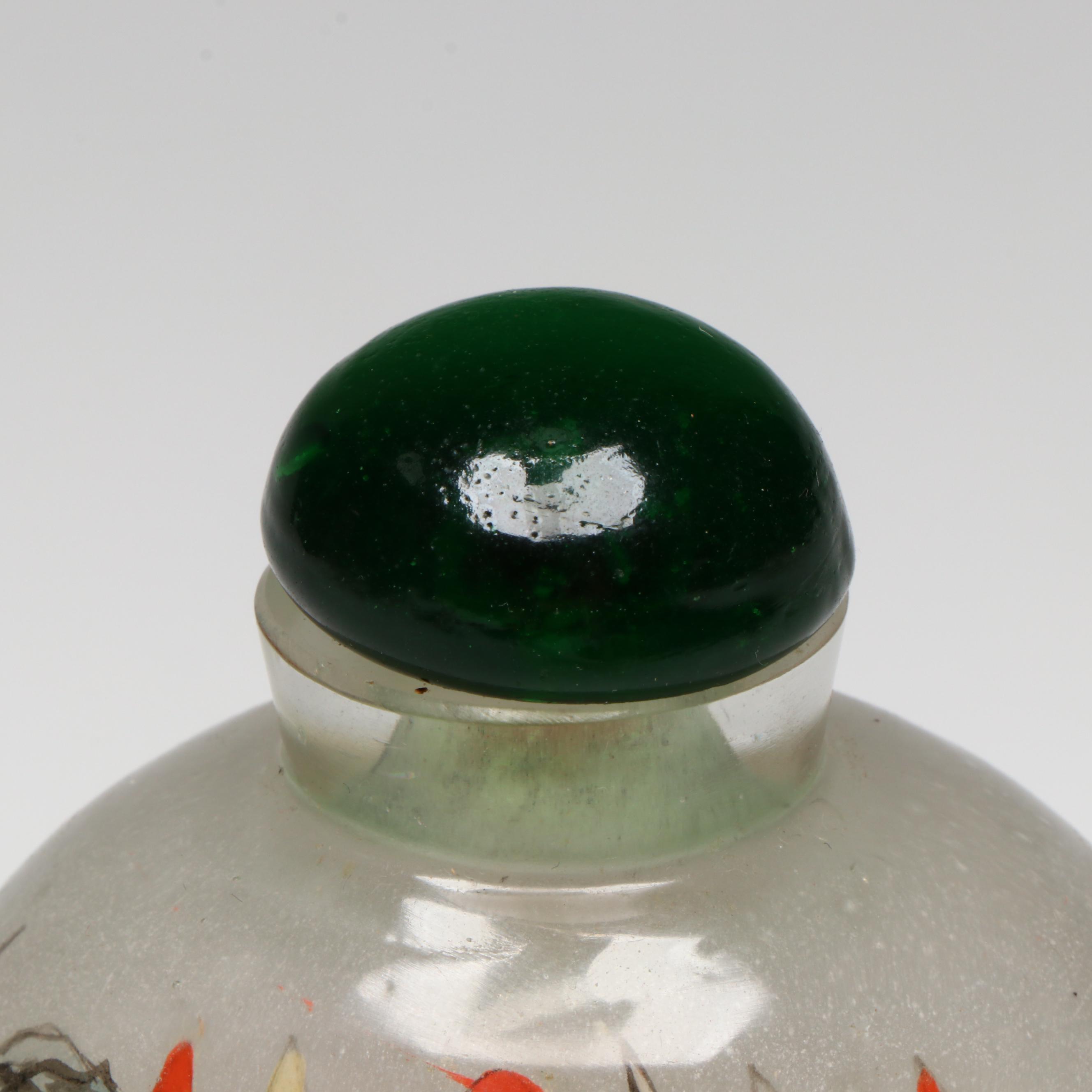 Chinese Reverse-Painted Warrior Scene Snuff Bottle & Green Glass Stopper