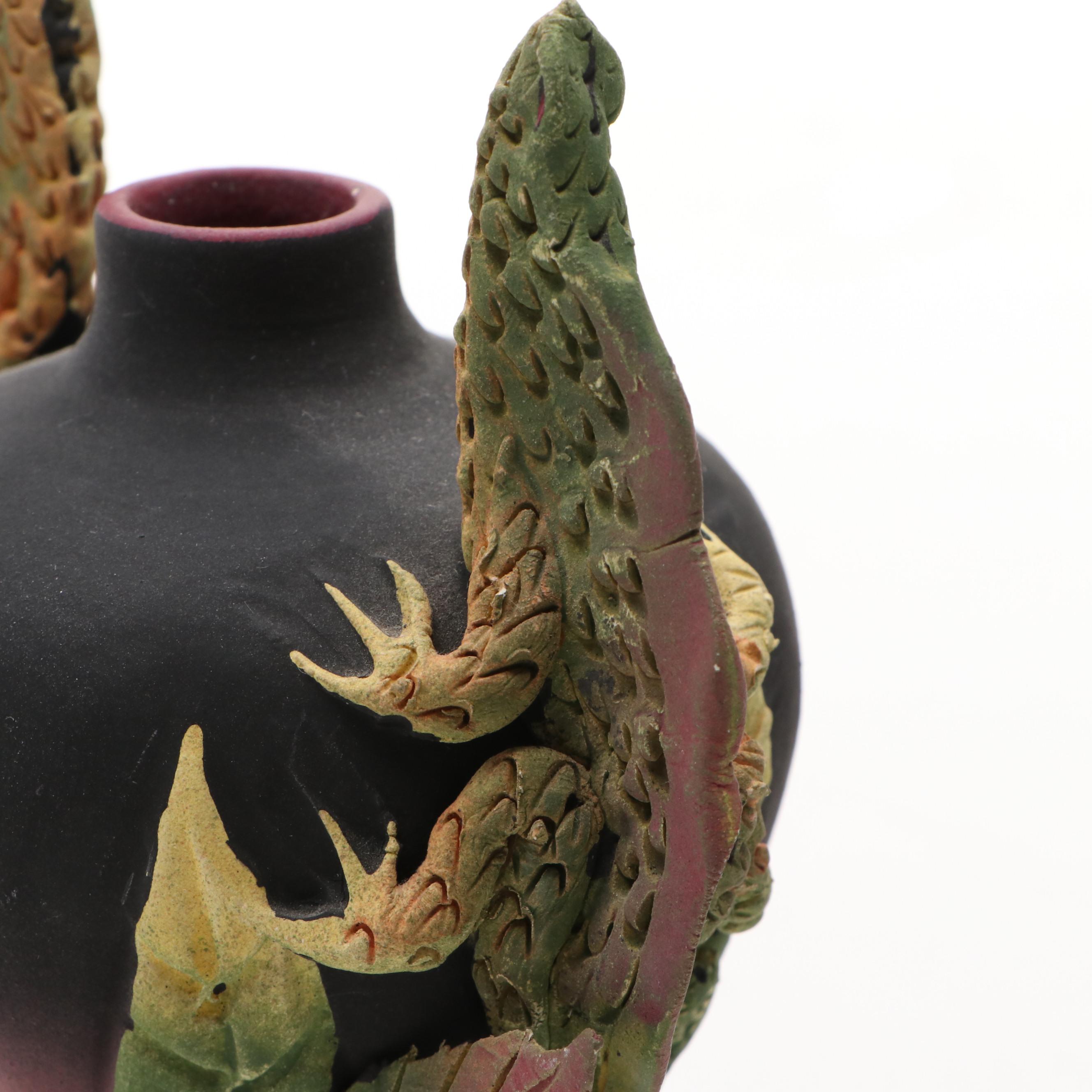 Nancy Adams Studio Pottery Lizards and Leaves Matte Painted Ceramic Vessel