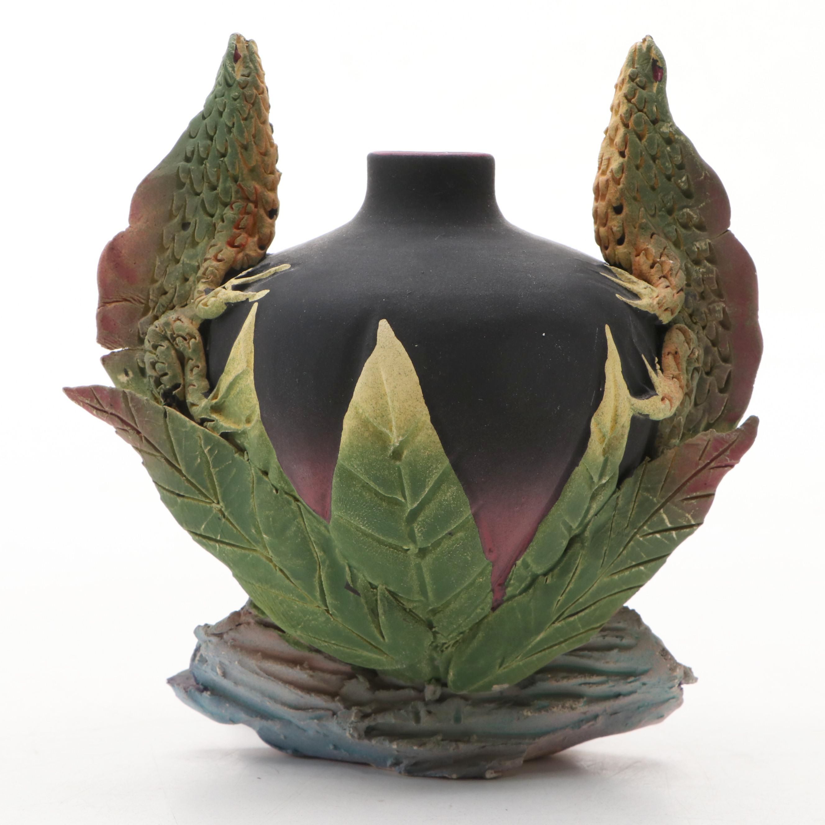 Nancy Adams Studio Pottery Lizards and Leaves Matte Painted Ceramic Vessel