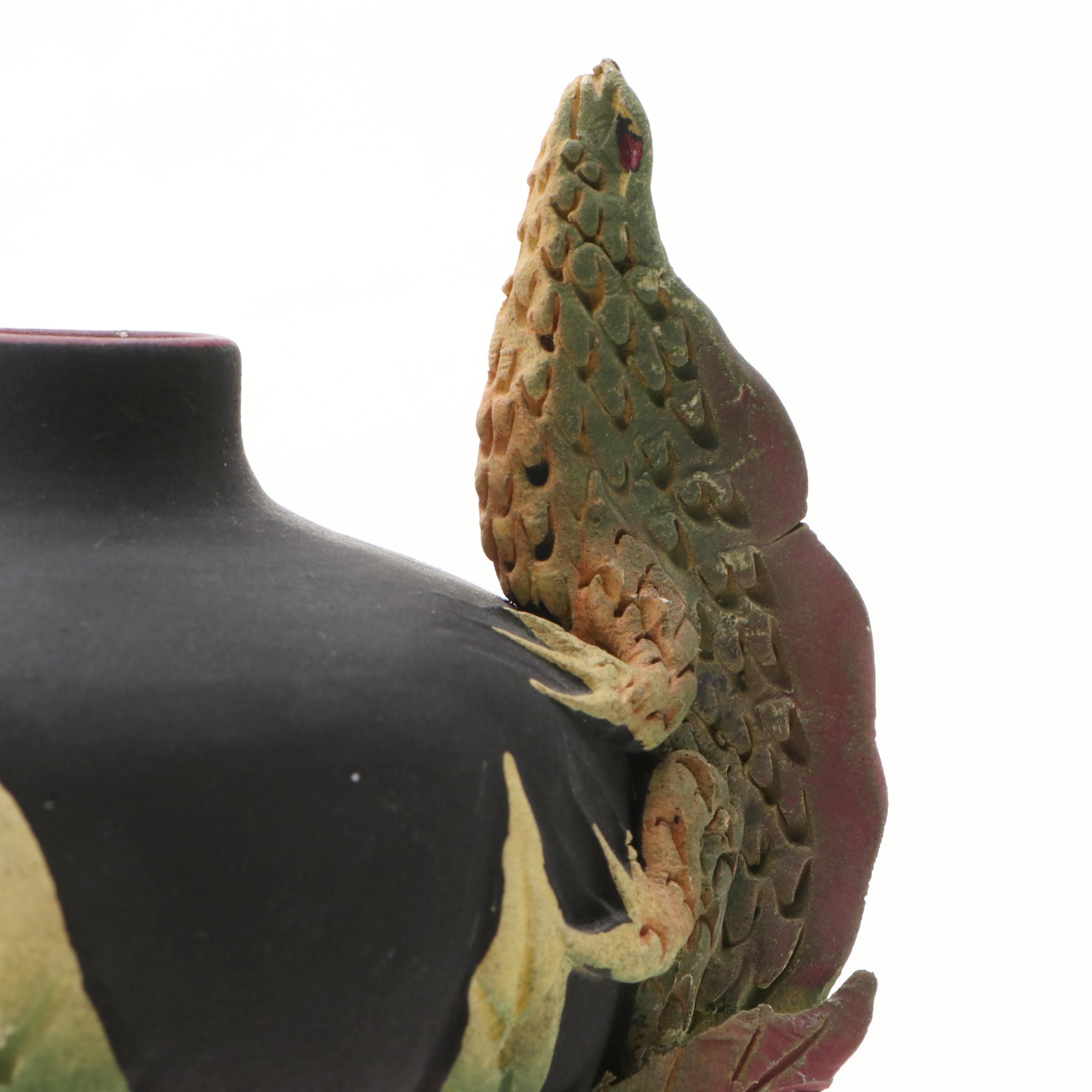 Nancy Adams Studio Pottery Lizards and Leaves Matte Painted Ceramic Vessel