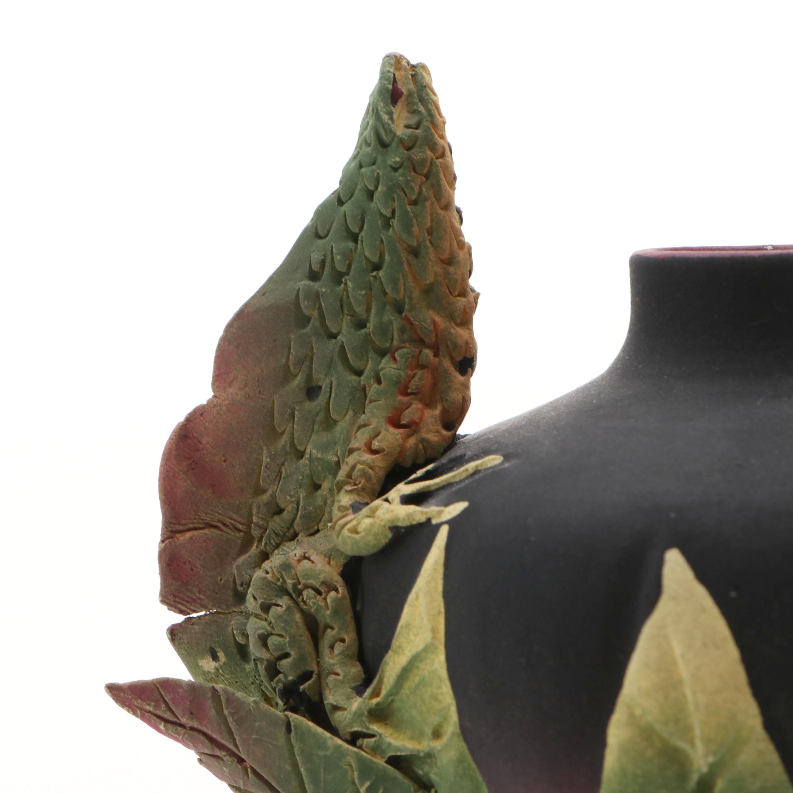 Nancy Adams Studio Pottery Lizards and Leaves Matte Painted Ceramic Vessel