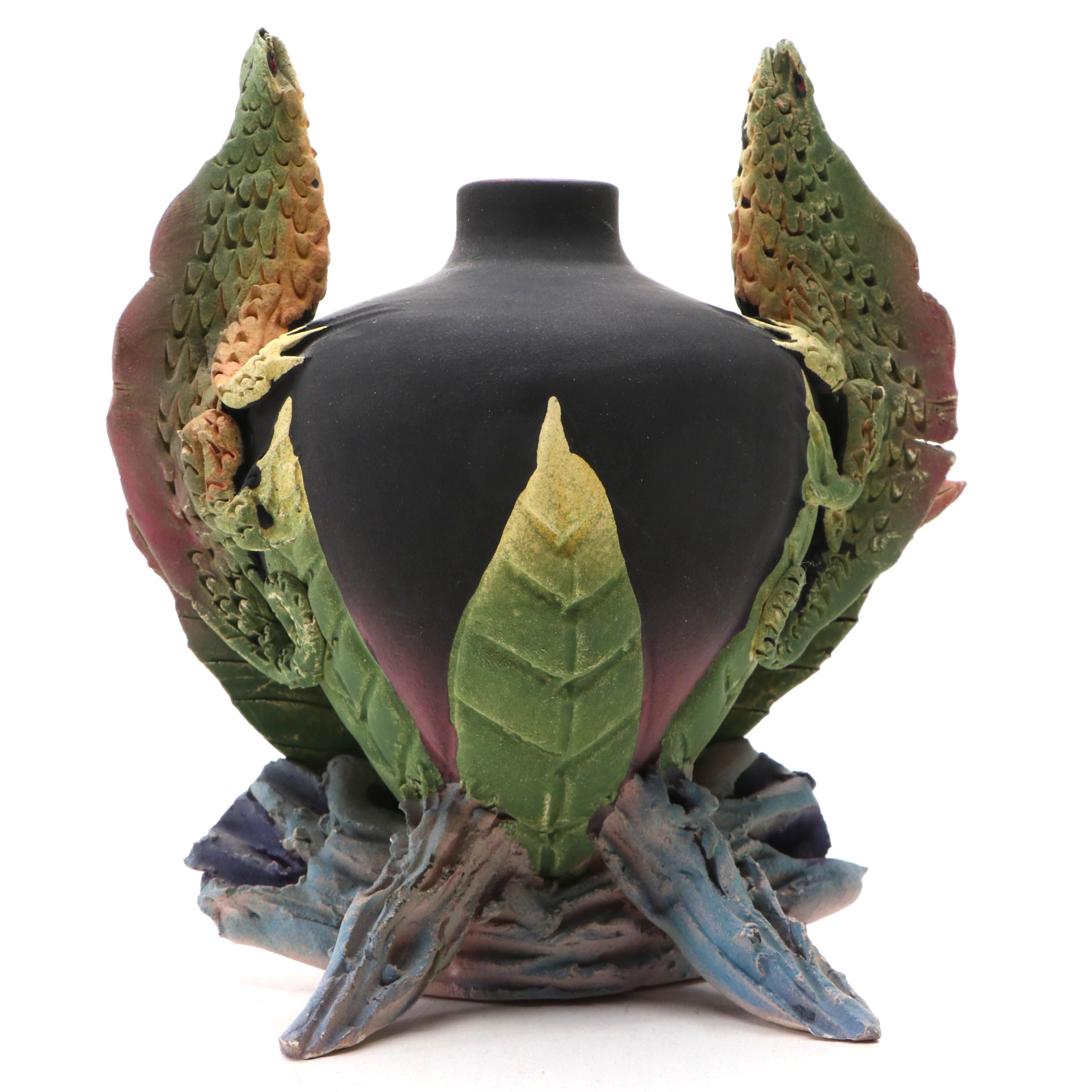 Nancy Adams Studio Pottery Lizards and Leaves Matte Painted Ceramic Vessel