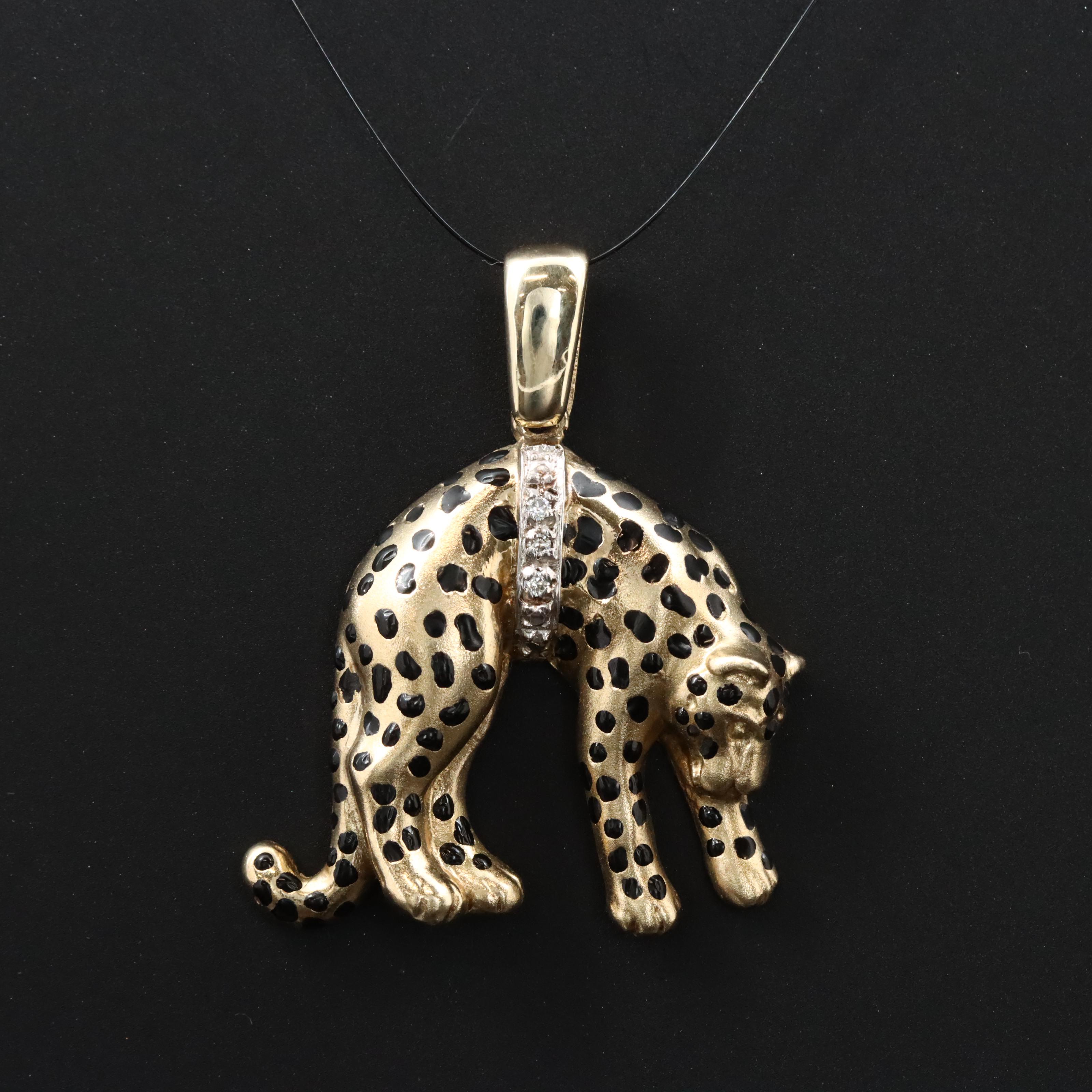 9K Diamond and Enamel Leopard Pendant