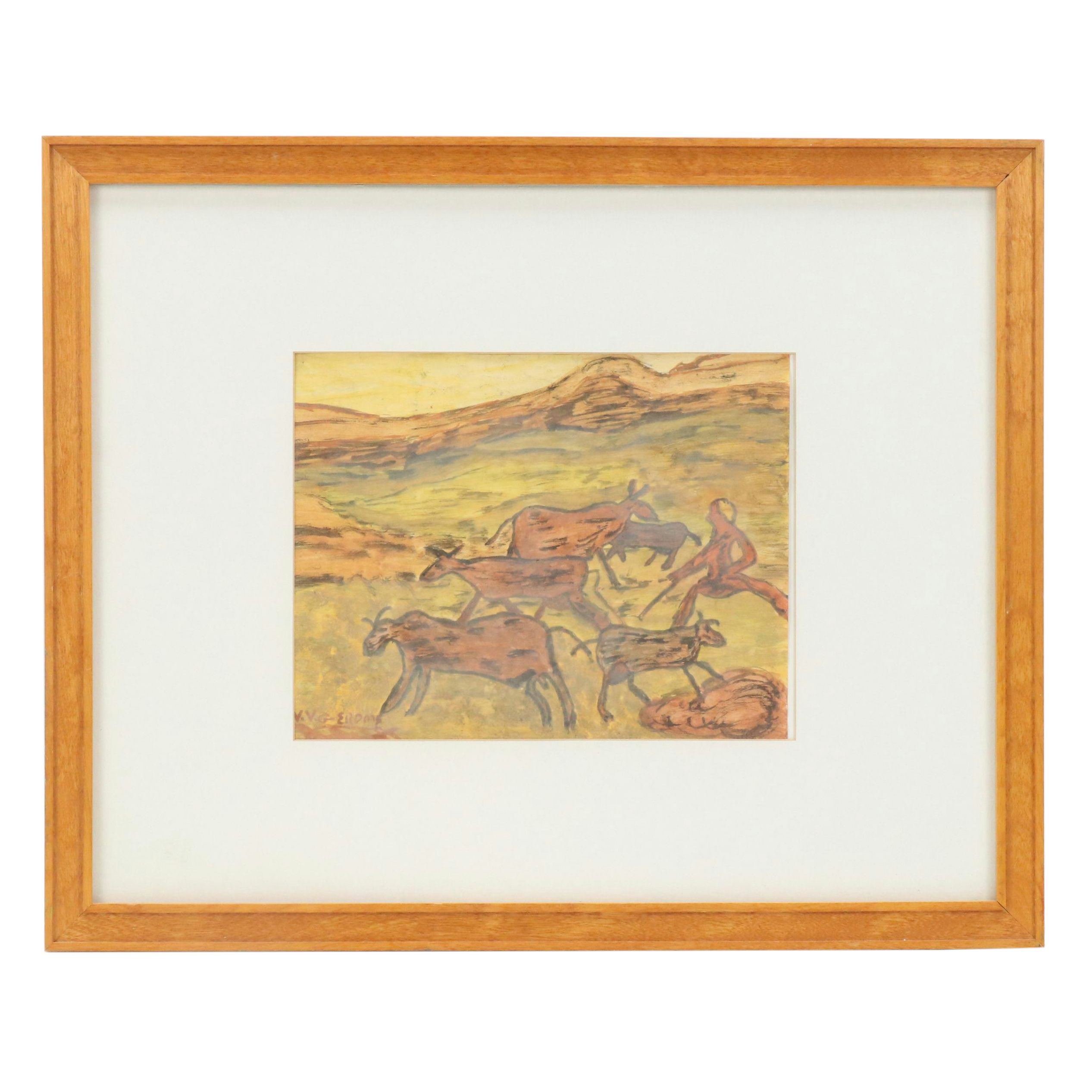 Folk Art Style Watercolor Painting of Livestock in Pasture