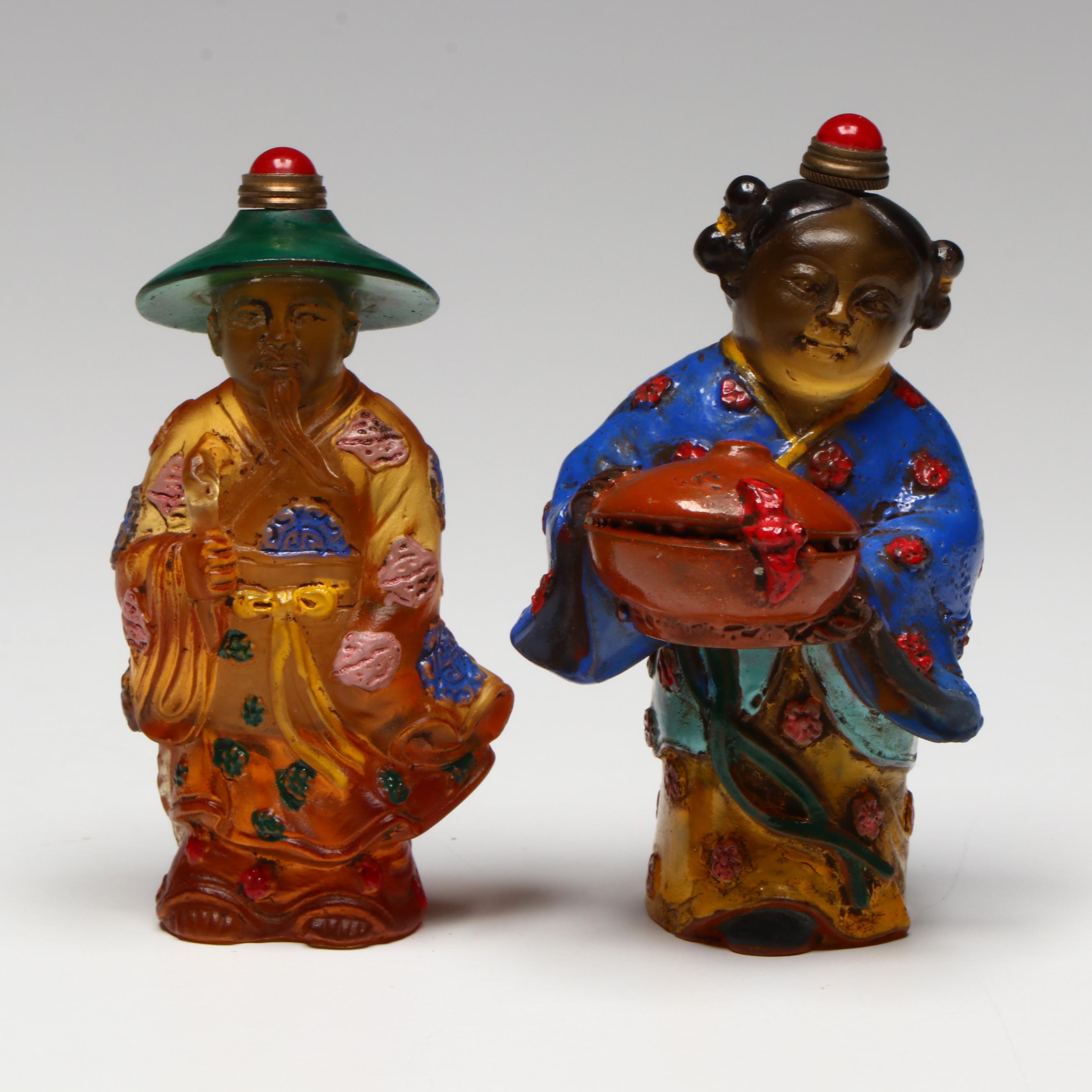 Chinese Hand-Painted Amber Glass Figural Snuff Bottles