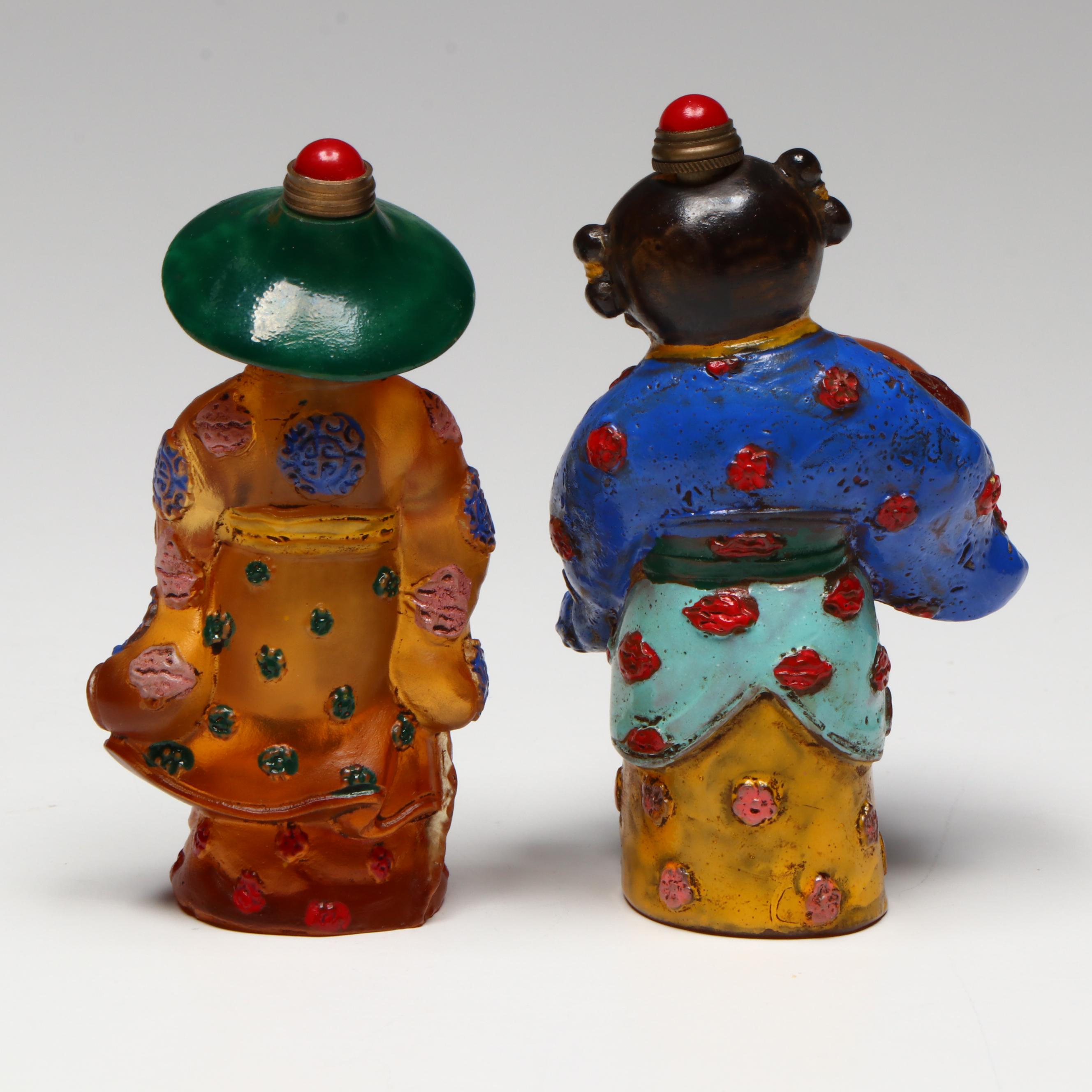 Chinese Hand-Painted Amber Glass Figural Snuff Bottles