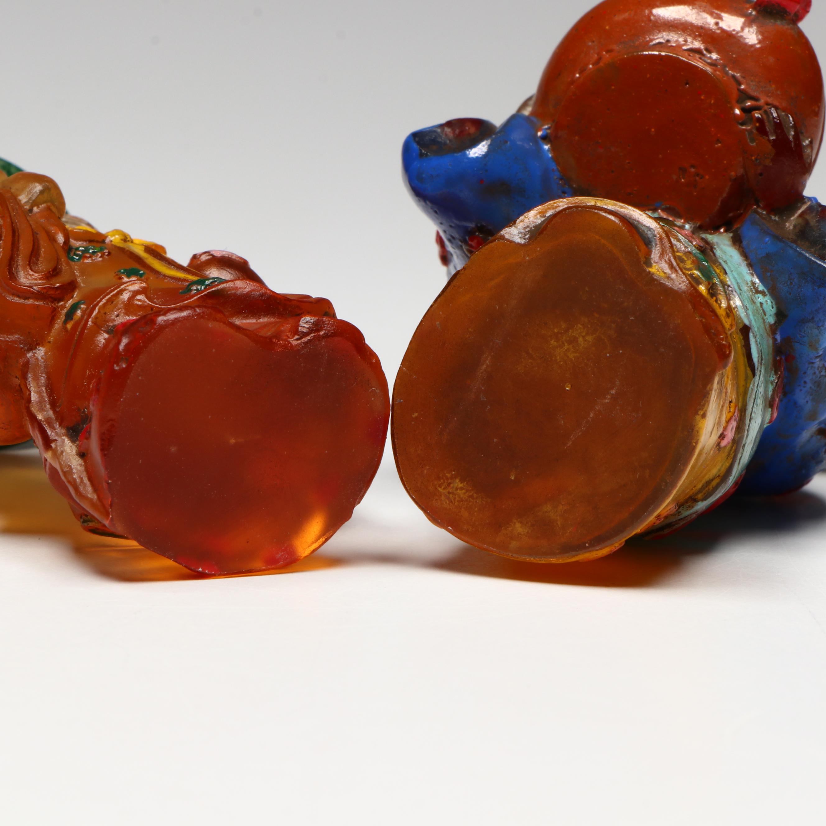 Chinese Hand-Painted Amber Glass Figural Snuff Bottles