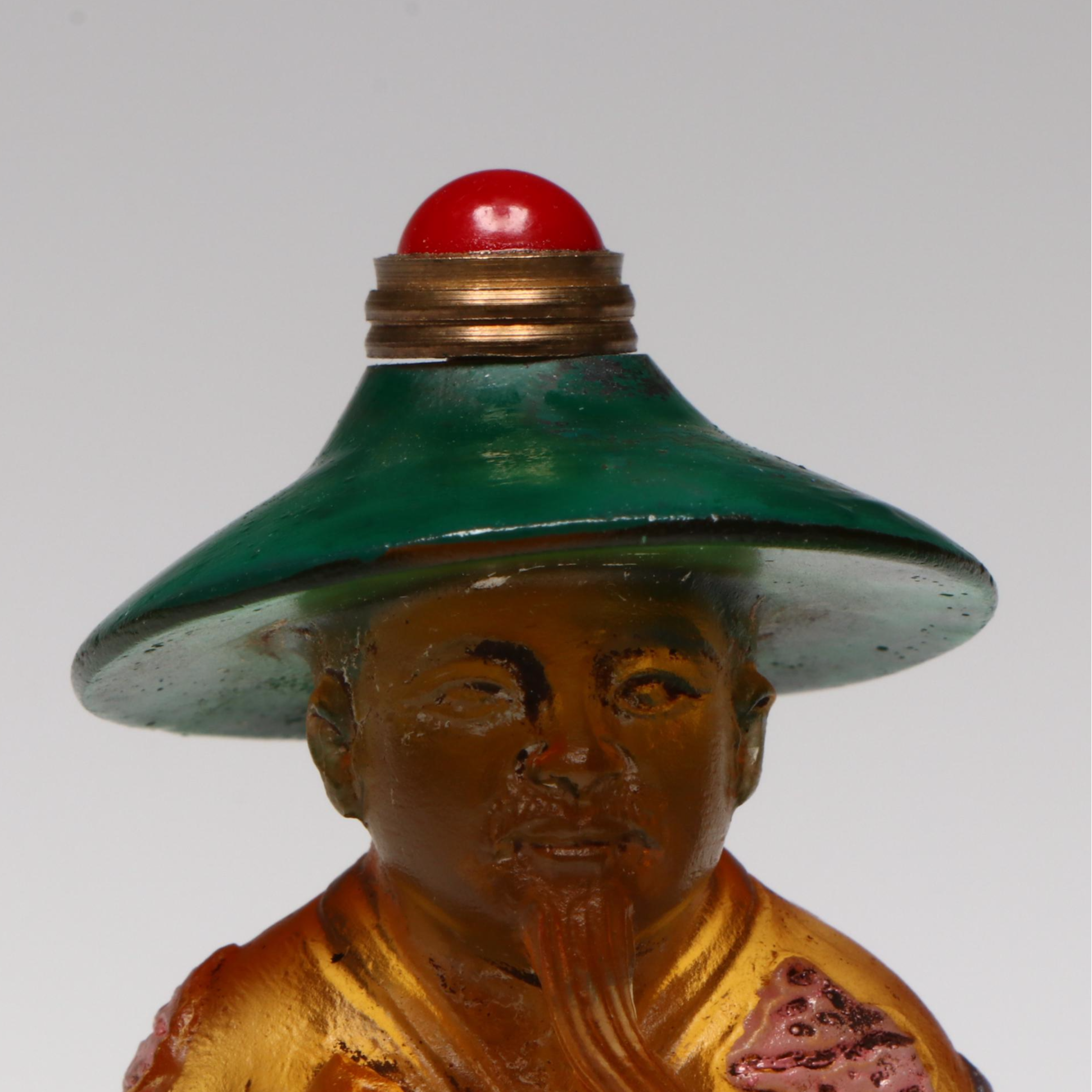 Chinese Hand-Painted Amber Glass Figural Snuff Bottles