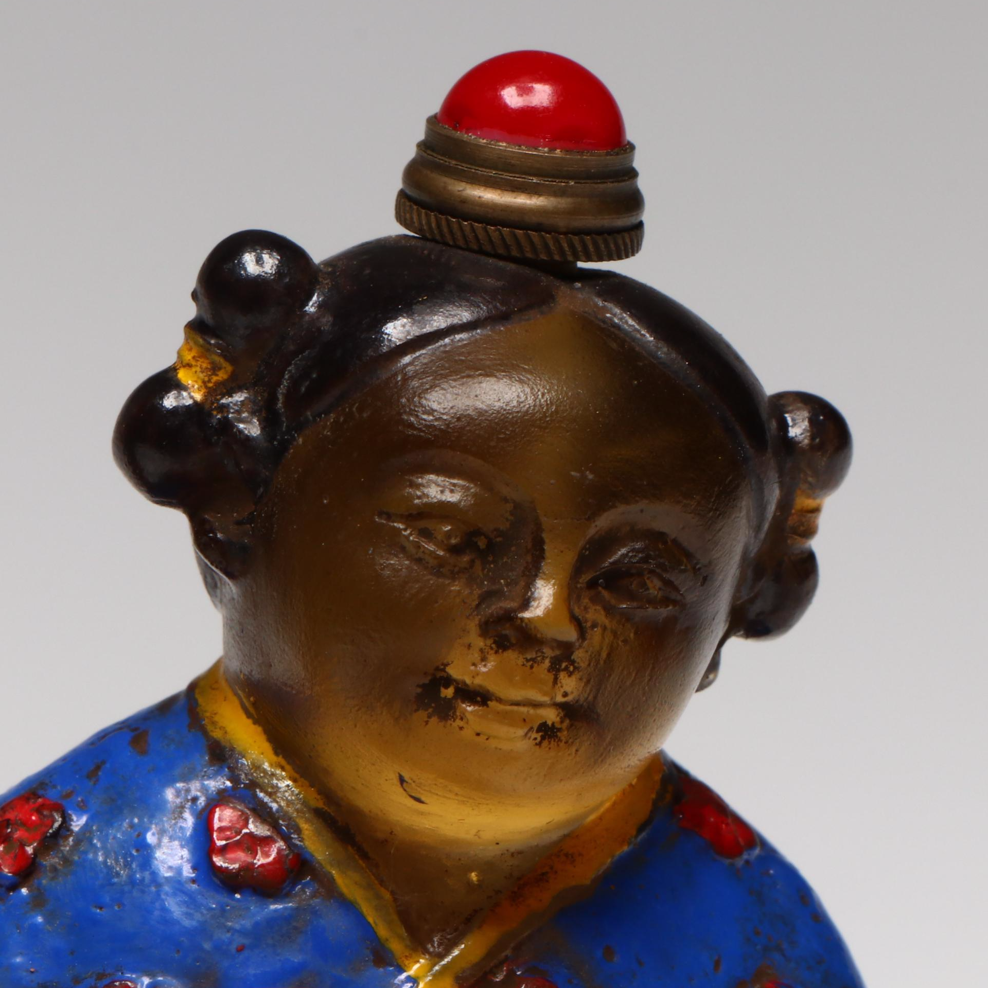Chinese Hand-Painted Amber Glass Figural Snuff Bottles